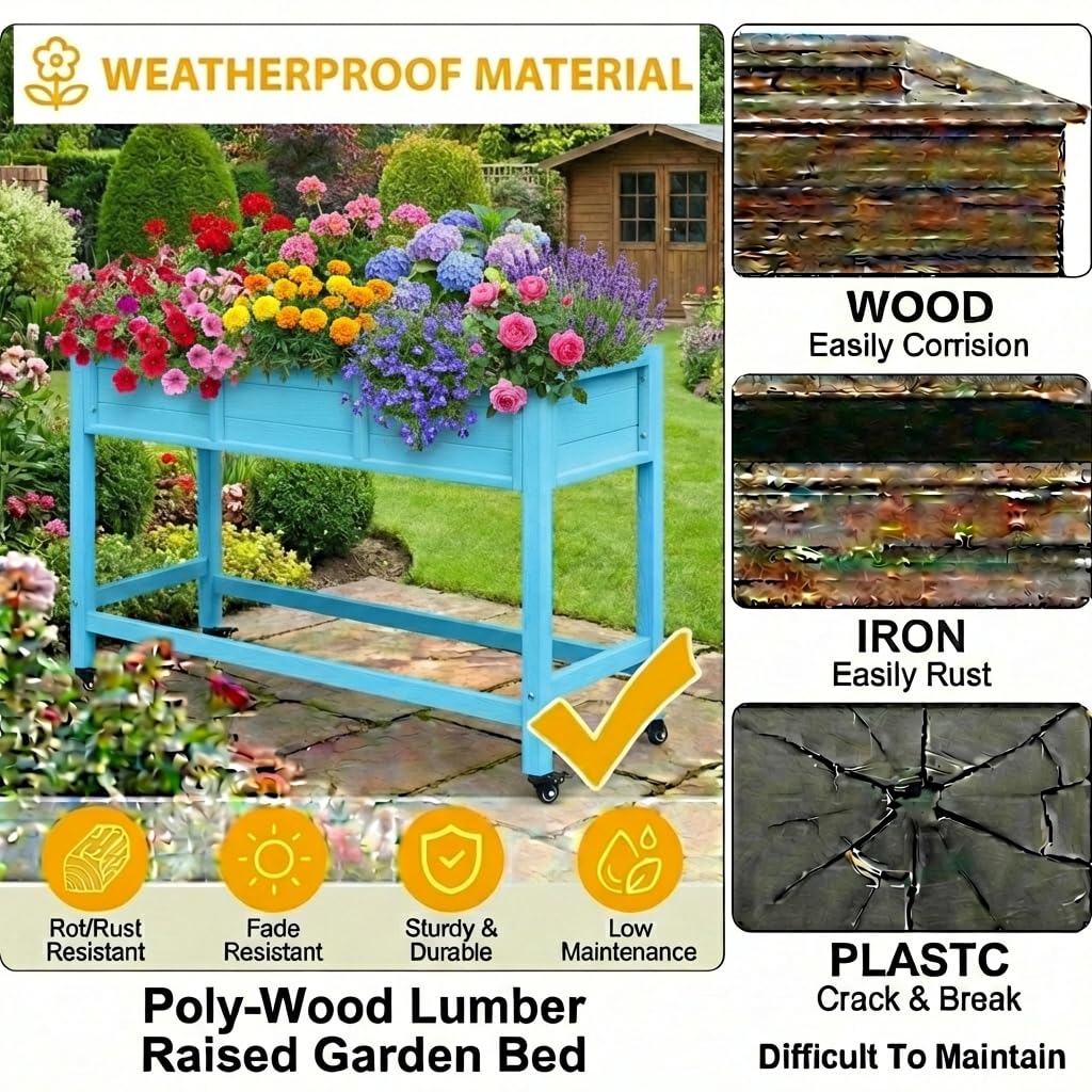 DWVO Raised Garden Bed HDPE with Wheels 47x18x31in Weather-Resistant Poly Wood Raised Planter Box Outdoor with Legs, Elevated Garden Bed for Patio Balcony Backyard, Blue