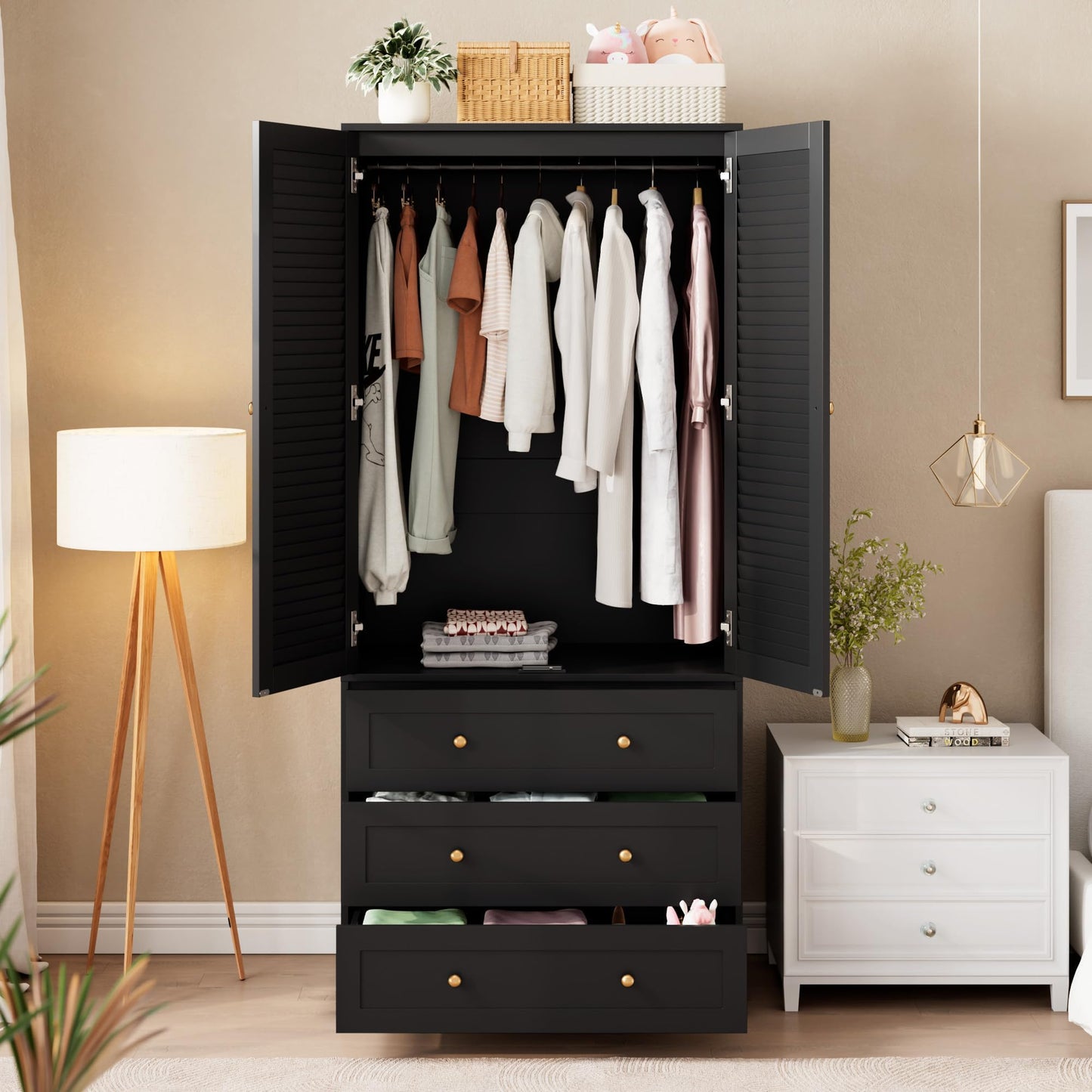 Garvee 70" Wardrobe Armoire Wooden Closet with 2 Doors and 3 Drawers, Bedroom Armoire with Hanging Rod Shelf, Large Capacity Storage Wardrobe Armoire, Freestanding Wooden Closet Storage Cabinet