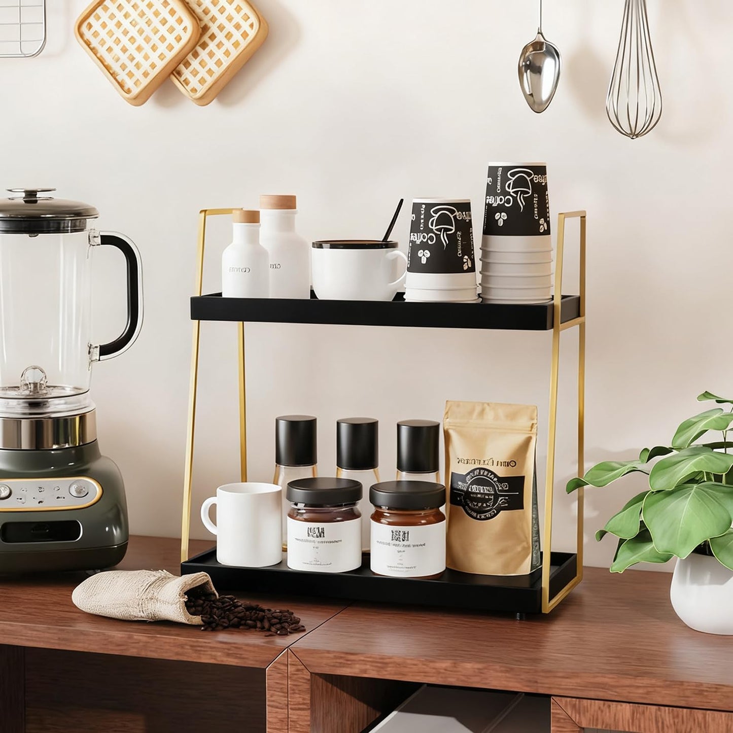 2087 Coffee Bar Accessories, Black Gold Coffee Station Organizer for Countertop Decor, 2 Tier Large Wooden CoffeeBar Shelf for Office, Breakroom, Bathroom