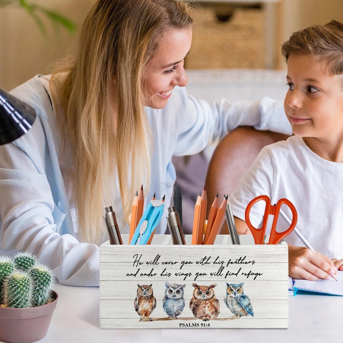 LIANGEAGOM Christian Owl Bird Pen Pencil Holder Organizer for Desk Accessories, Christian Gifts for Women, Owl Gifts, Bible Verse Wooden Box Signs Decorations for Home Office Desk Tabletop