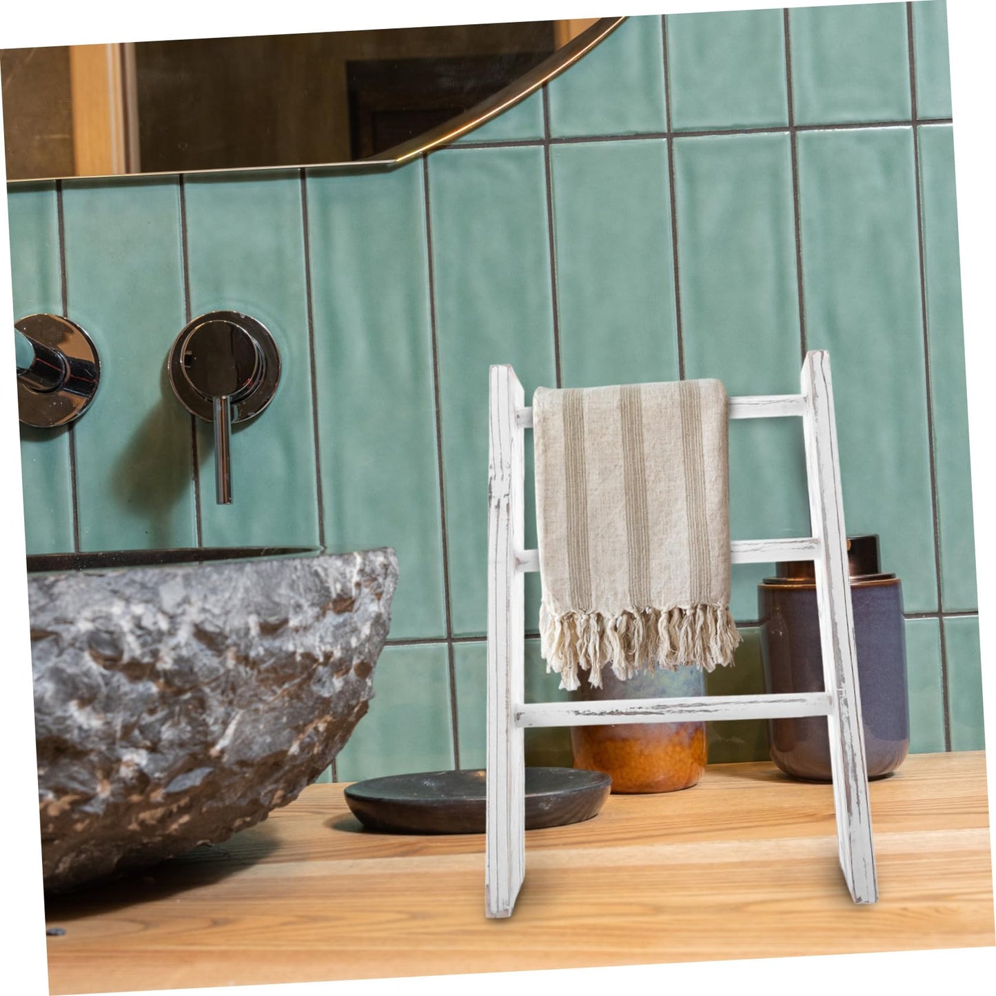 DECHOUS Country Bathroom Decor Mini Ladder Towel Rack Stand-up Towel Holder Small Decorative Ladder Rustic