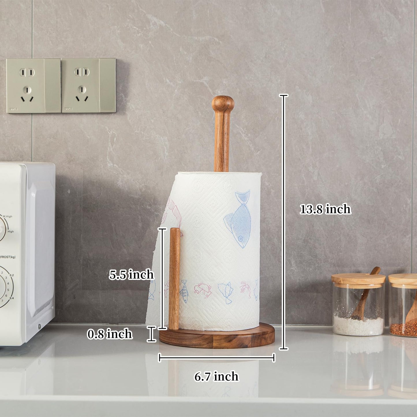 MornHalo 14.3" Acacia Wooden Paper Towel Holder, 6.7" Large Heavy Base Wooden Kitchen Roll Stand Organizer Free Standing, Rustic Farmhouse Paper Towel Holder Stand, Standing Paper Towel Roll Holders