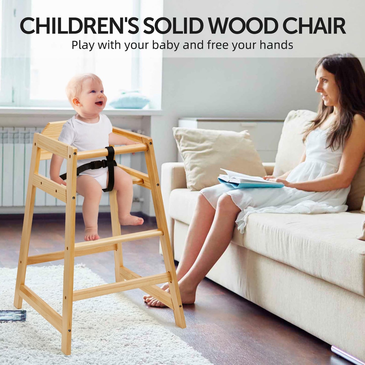 Neoflavie 2 Pack Wooden High Chairs for Babies and Toddlers, Restaurant-Style Stackable High Chair with Commercial Grade Solid Wood for Dining Table & Kitchen, Easy to Clean Baby Booster Seat -Natural