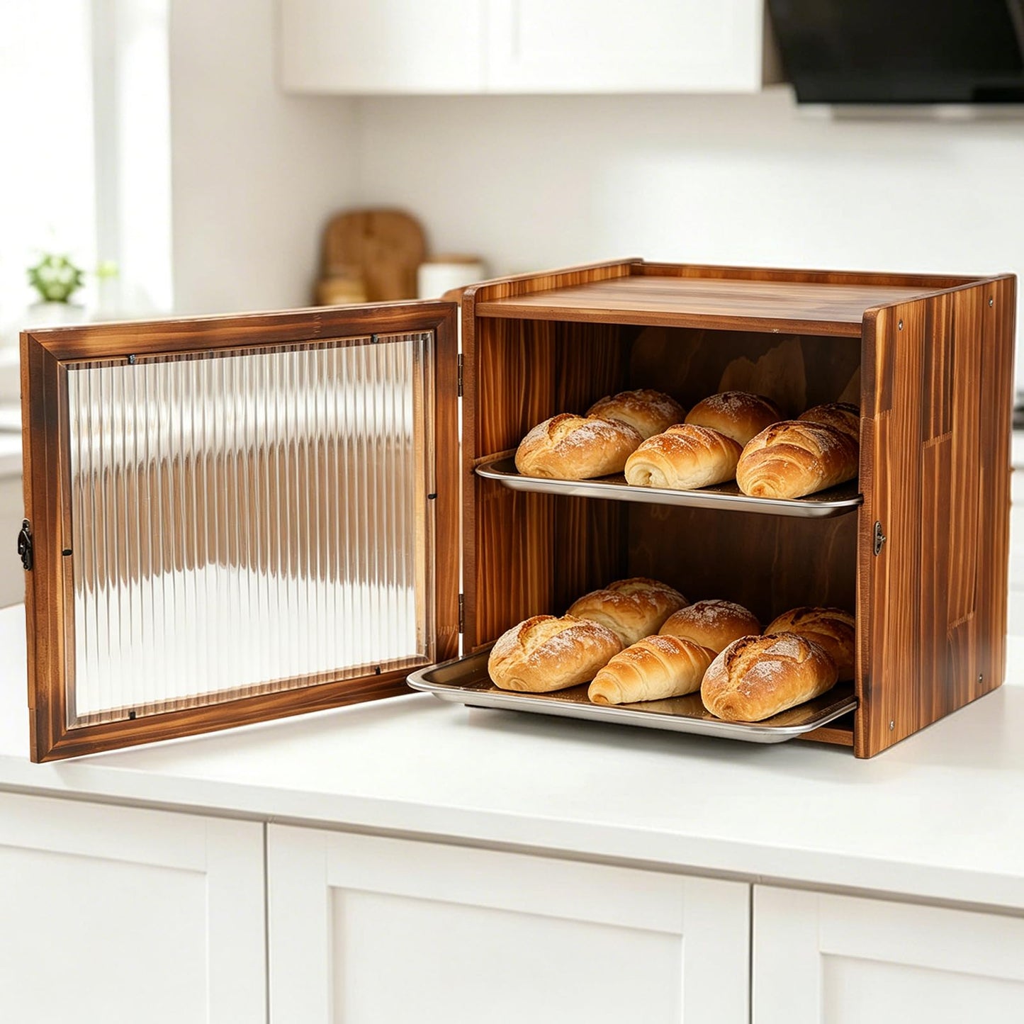 Keeswin 2-Layer Wooden Bread Box for Kitchen Countertop with Removable Tray