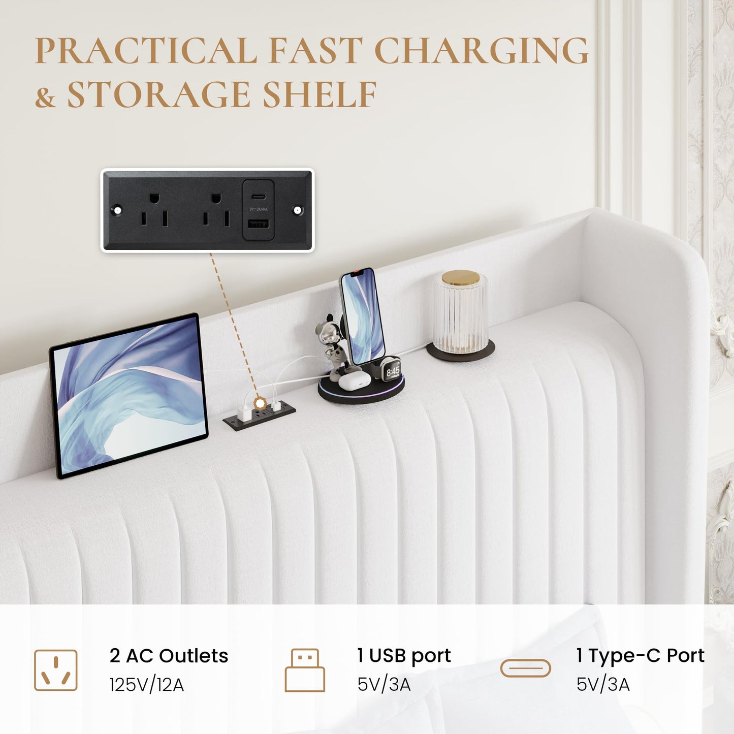 SHA CERLIN Queen Size Velvet Bed Frame with USB Charging Station, Wingback Storage Headboard, Upholstered Platform Bed with Wooden Slats Support, No Box Spring Needed, Easy Assembly, White