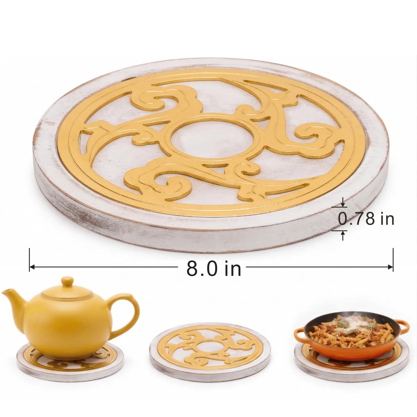 ALLCENER Trivets for Hot Dishes Set of 2, 8 Inch Boho White Washed Wood & Gold Metal Trivet, Heat Resistant Hot Pads for Kitchen Counter and Dining Table, Decorative Pot Holders