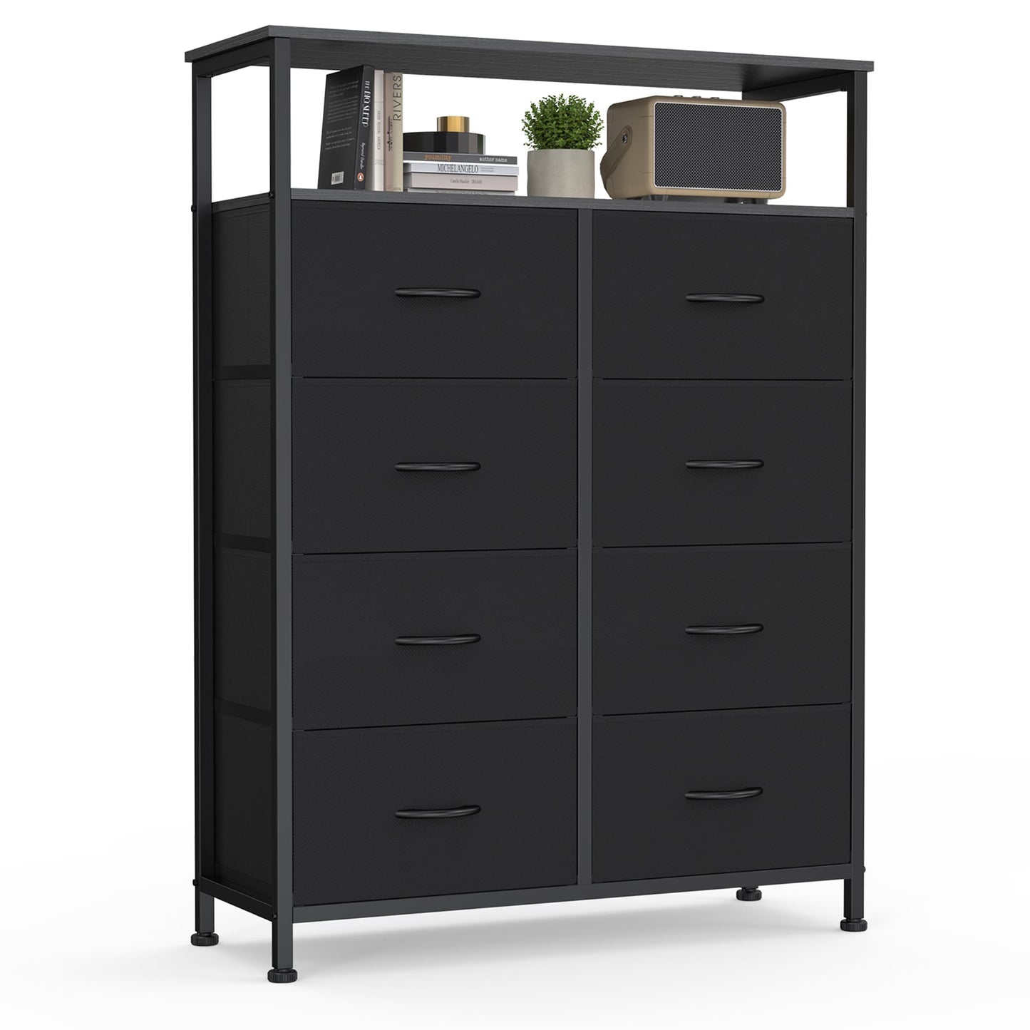 DUMOS Fabric Dresser for Bedroom with 8 Drawers, Tall 8-Drawer Chest of Drawers with Raised Shelf, Storage Tower with Fabric Bins for Closet Organization, Hallway Storage, Black