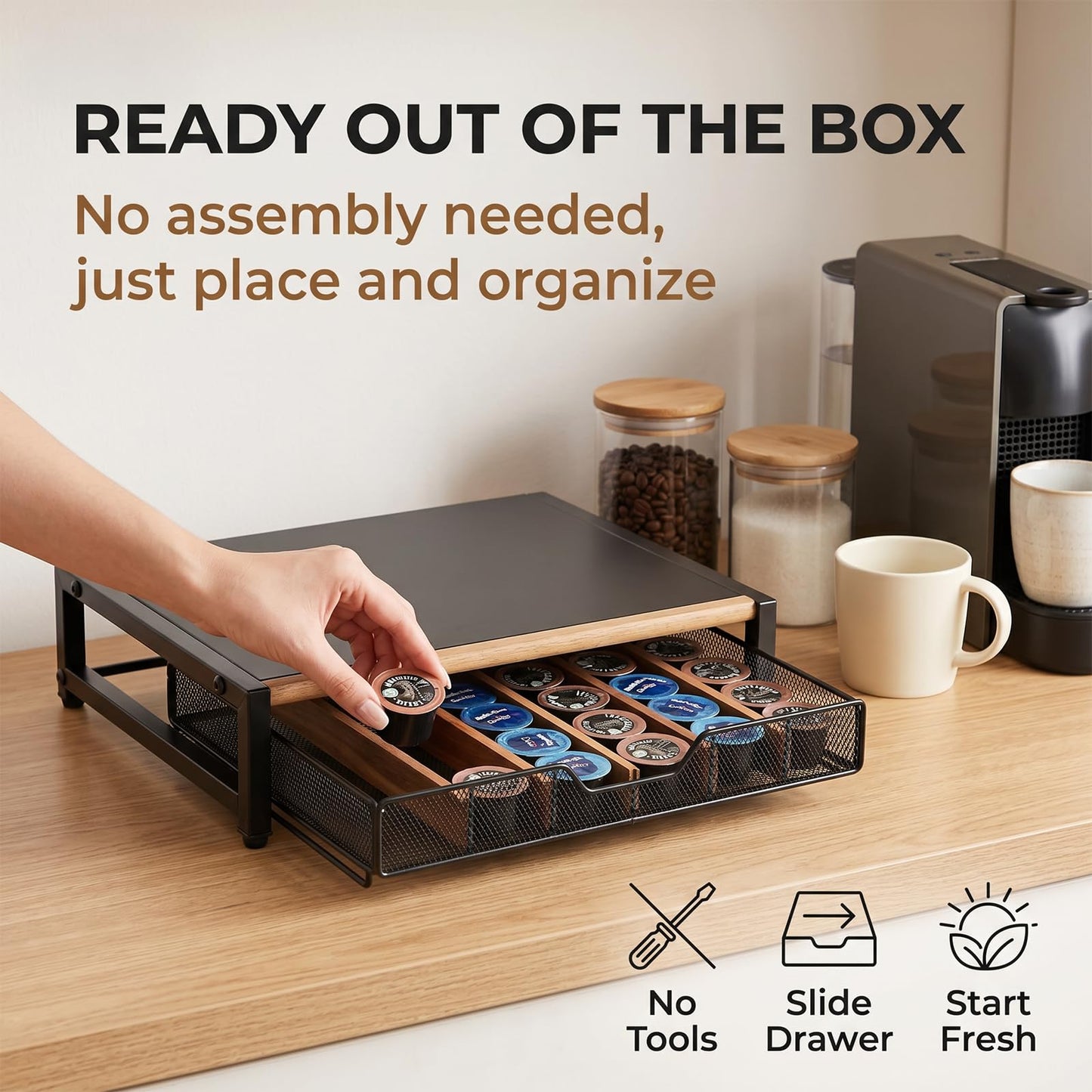 WILDMOS Coffee Pod Drawer,Coffee Station Organizer for Coffee Pod Storage,Movable Solid Wood Partition Board, Counter Coffee Bar Accessories for Nespresso Pods,Cream, Spoon, Sugar（Black)