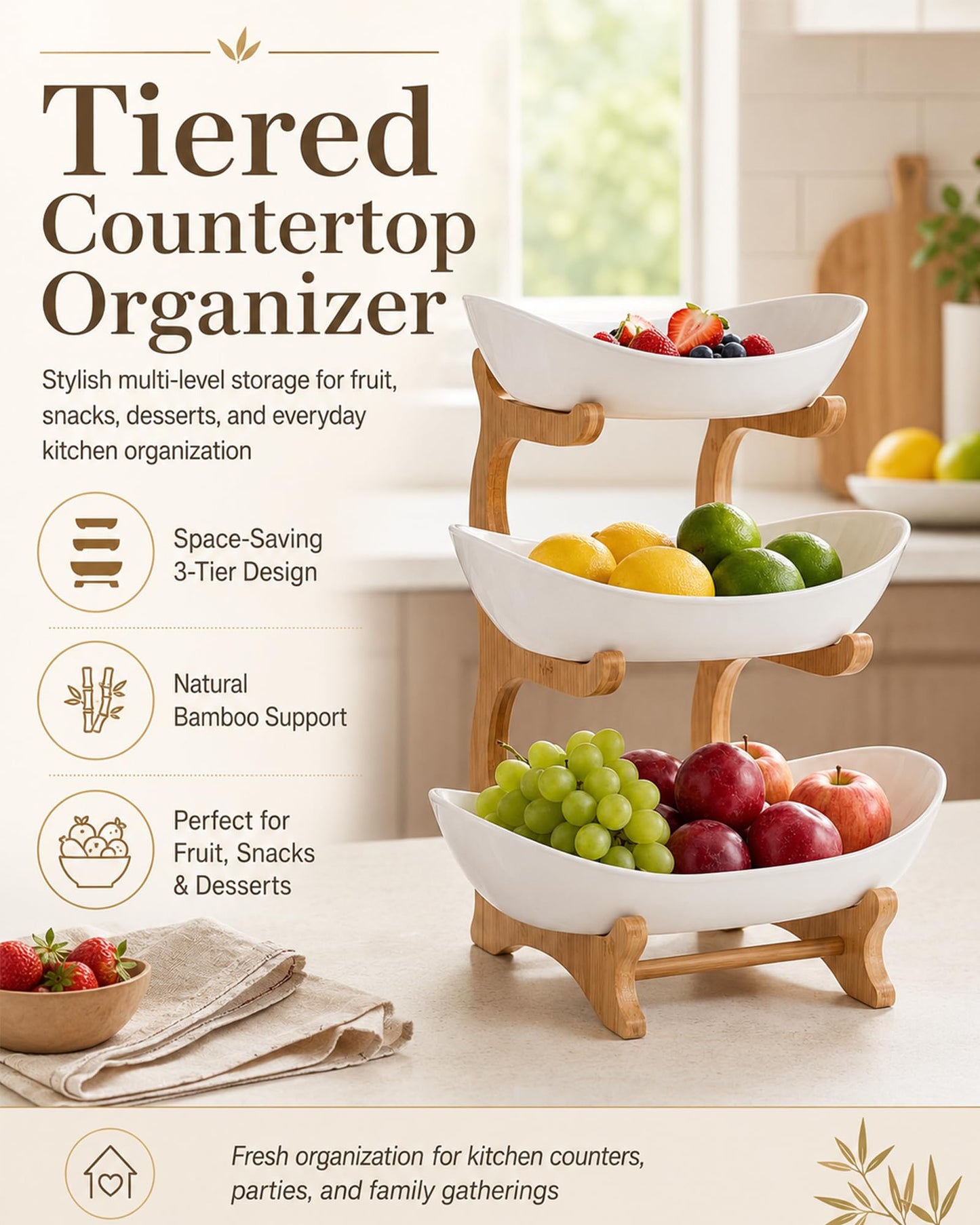 Tier Countertop Organizer, Fruit Bowl with Bamboo Wood Stand for Kitchen Counter, Snack Dessert Cake Tray Plate Rack for Party Wedding, Basket for Vegetable Storage, Salad Buffet Server(3 Tier White)