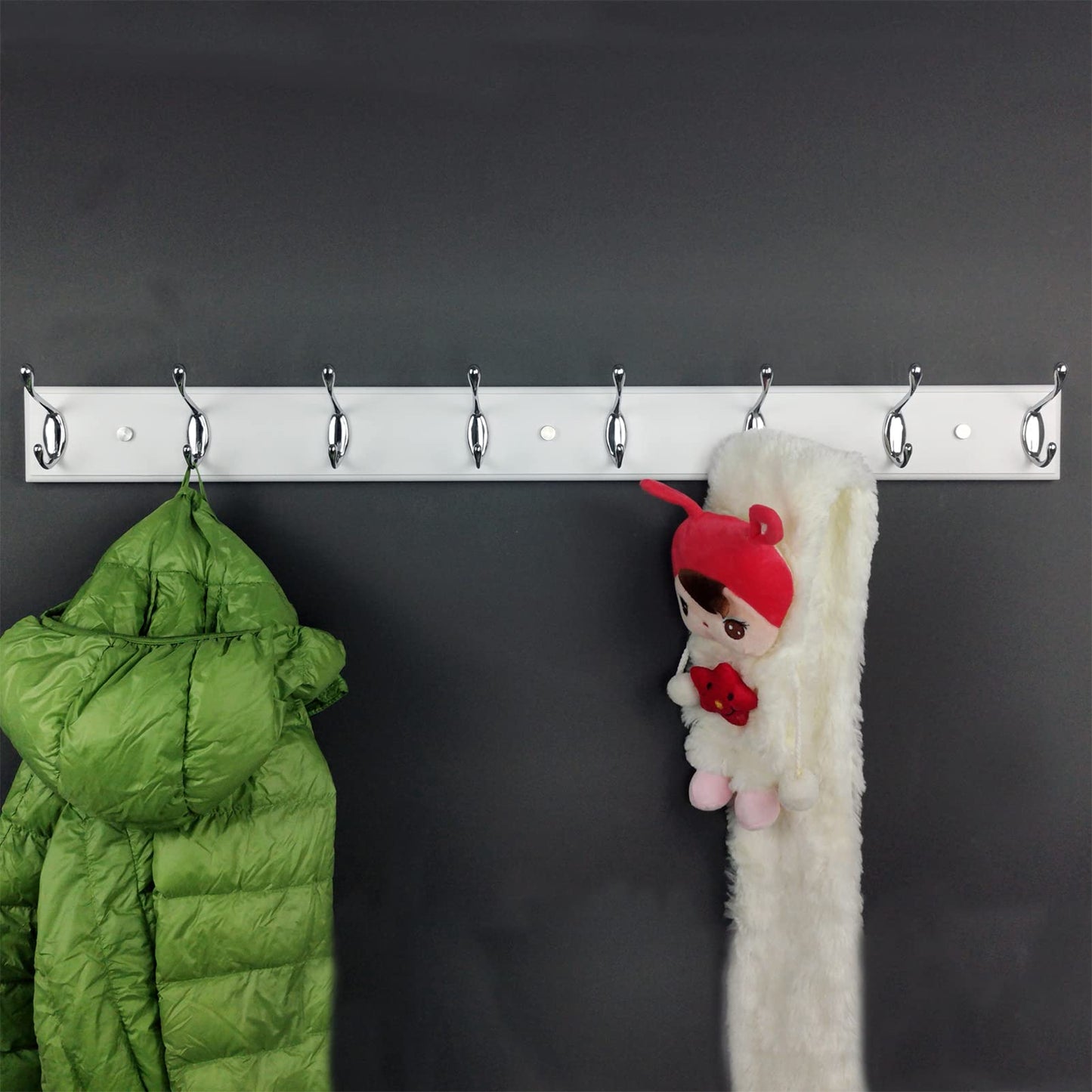 lomejii Wooden Wall Mounted Coat Rack – 31 Inch, White with 8 Silver Hooks for Entryway, Hallway, Bedroom