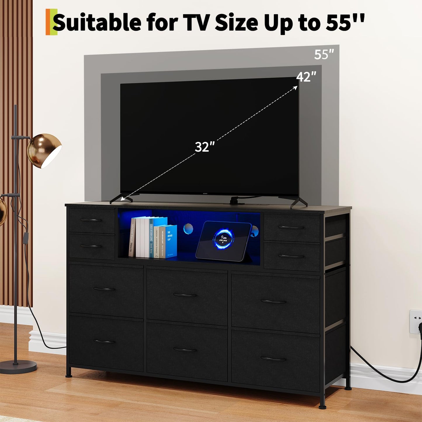 Garvee 10 Fabric Drawers Dresser, Entertainment Center TV Stand with Power Outlet & LED Light for 45"-55" TV, Chest of Drawers with Wood Top and Open Shelves for Bedroom, Living Room, Hallway, Black