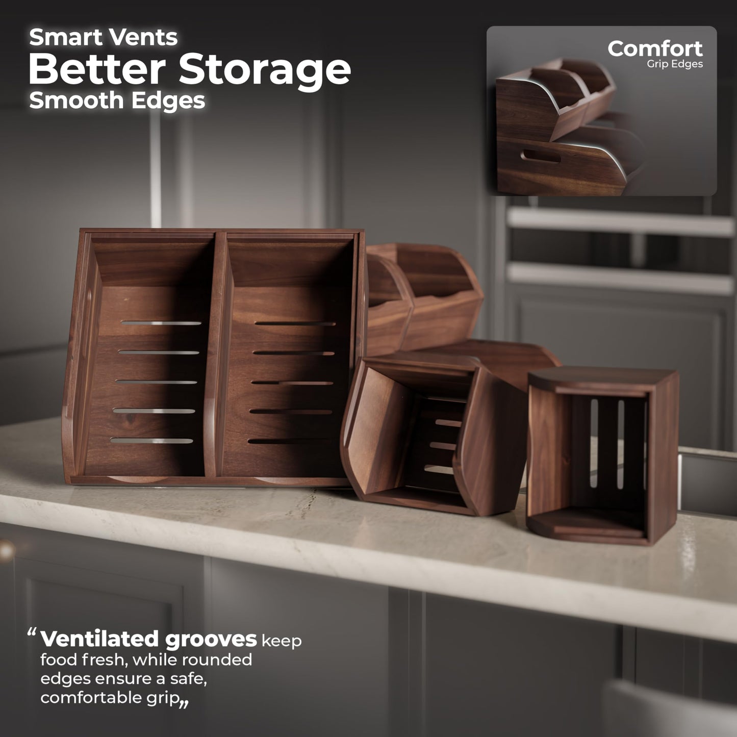 NAGAWOOD Acacia Wood Pantry Storage Bins - Stackable Open Front Kitchen Baskets with Airflow Vent for Potato, Onion, Fruit, Vegetable, and Bread Storage, Wood Organizer for Pantry and Countertop