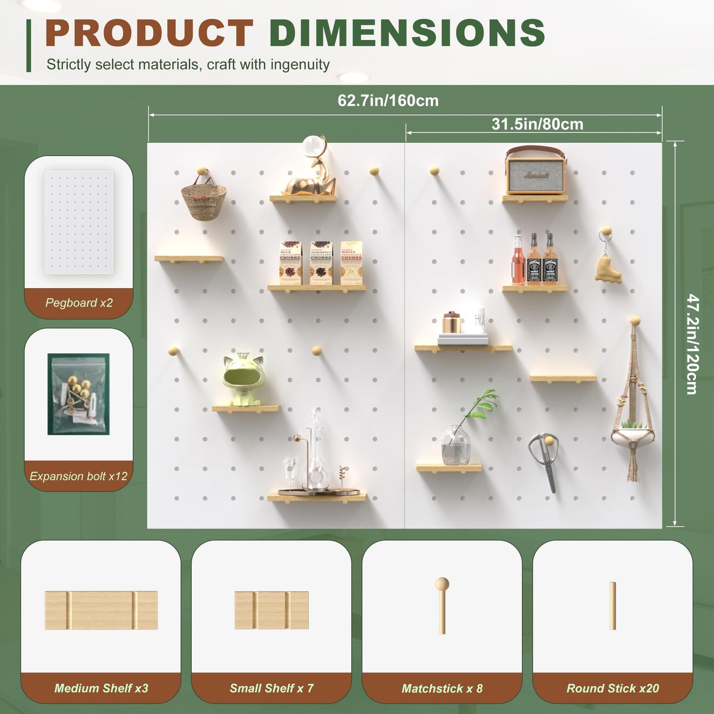 Wood Peg Board Wall Organizer, Thick Wooden Pegboard Kit, Modular Hanging Peg Board Storage System for Home Office Craft Room Gaming Garage Tool Store
