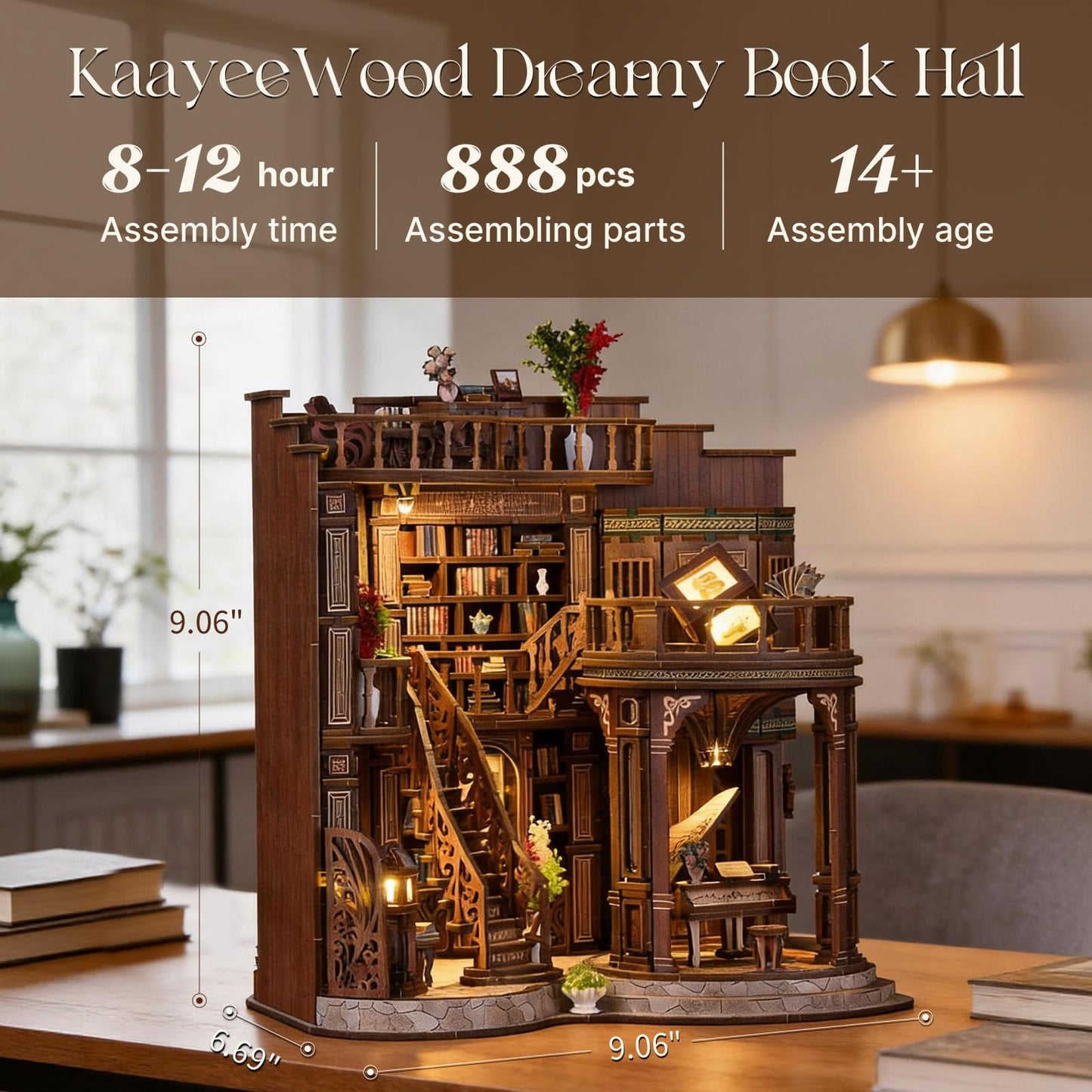 DIY Book Nook Kit, 3D Wooden Puzzle Miniature Booknook Bookend Bookshelf Decor with LED Light,Cherry Blossom Bookstore Bookshelf Insert Booknook, Book Nook Kits for Adults
