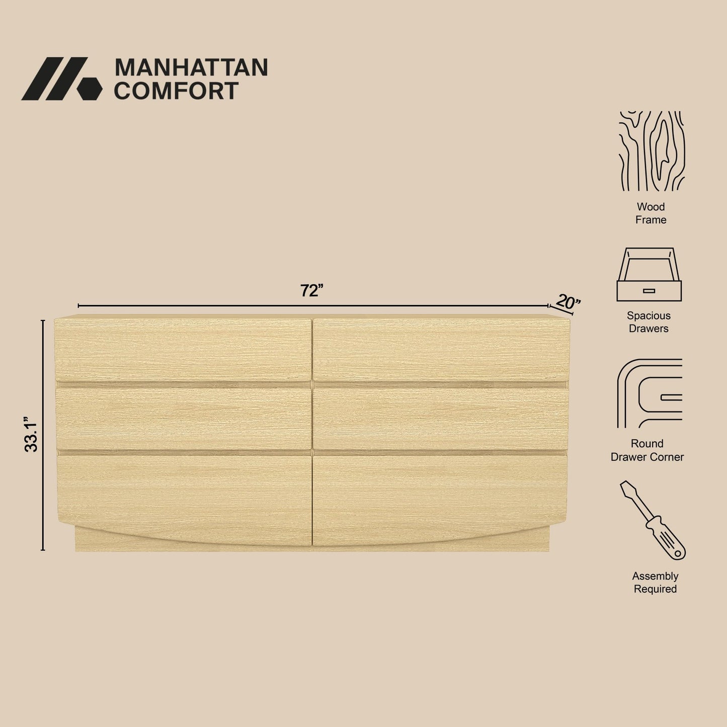 Manhattan Comfort Ardea Modern 6 Drawer Dresser, 72" Wide Minimalist Contemporary Storage, Smooth-Glide Handle-Free Drawers, Natural Oak