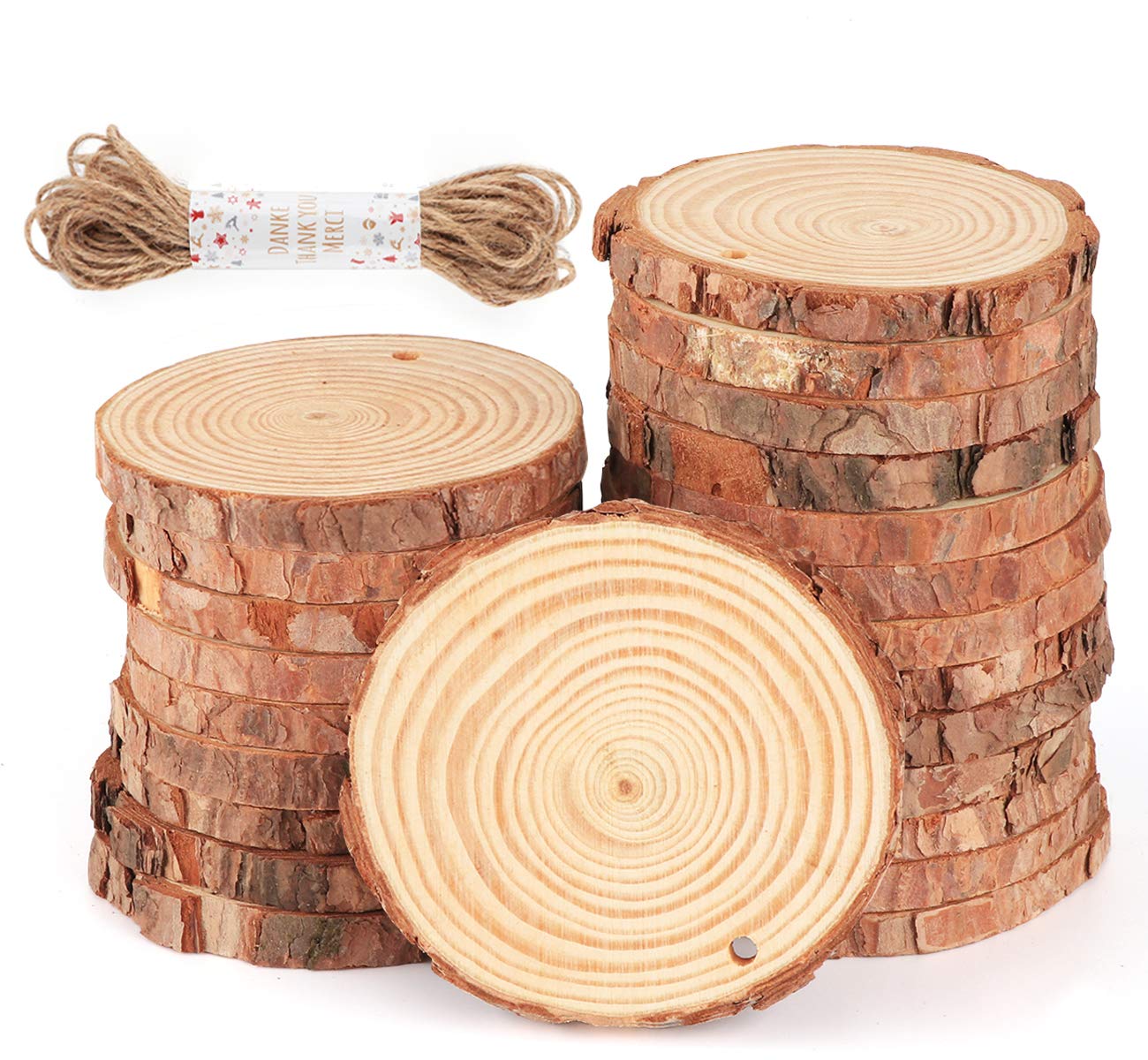 ilauke Natural Wood Slices 30Pcs 3.1''-3.5'' Unfinished Wood Crafts with Pre-drilled Hole, Wood Slices Ornaments for DIY Rustic Christmas Crafts Wooden Circles Coasters Wedding Decor, 33 Feet Twine