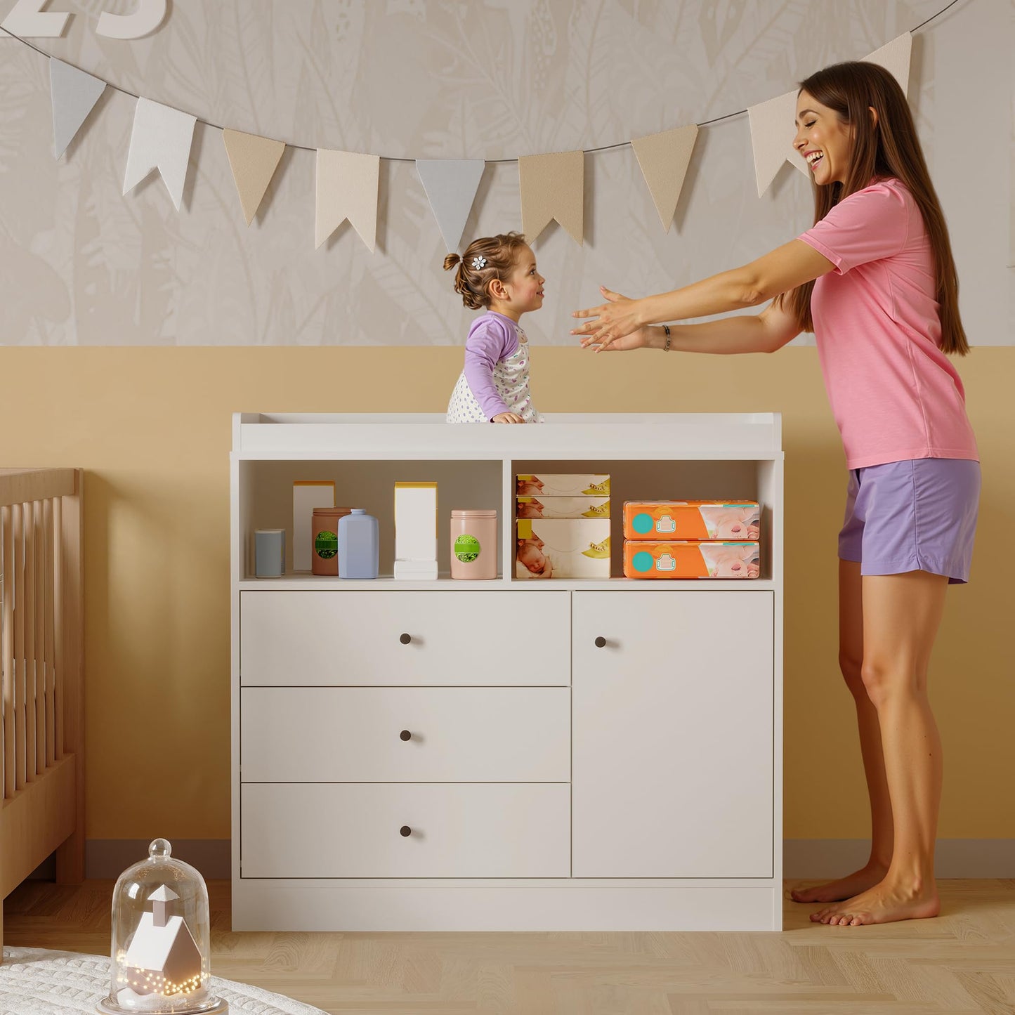 Baby Changing Table Dresser, Wooden Diaper Changing Station with 2 Open Shelves, 3 Drawers, and 1 Cabinet, Modern Baby Dressers for Nursery, Bedroom, Kids Room, White
