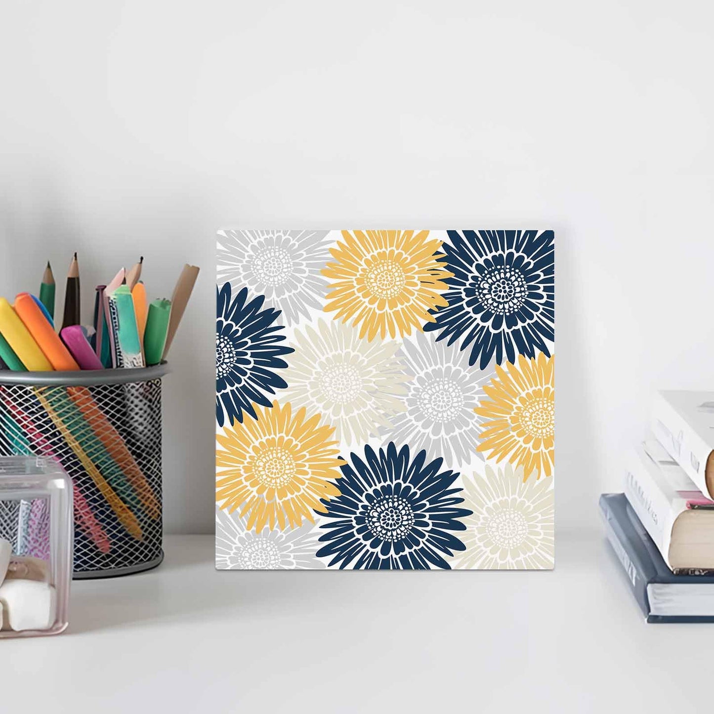 Navy Blue Gray Yellow Sunflowers Wood Box Sign Desk Decor, Abstract Blooming Floral Decorative Wooden Block Box Sign Decorations for Home Office Shelf Table Decor 6x6 Inches