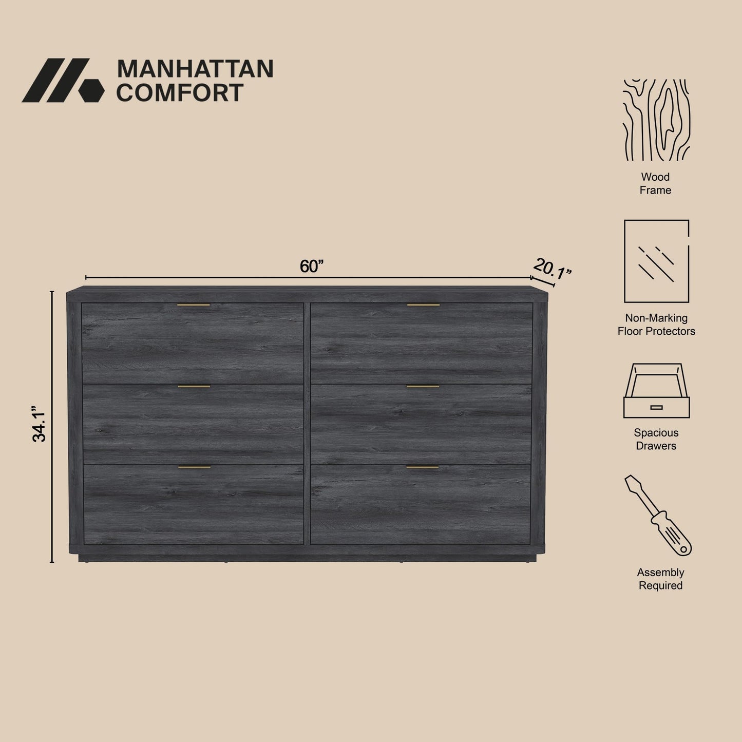 Manhattan Comfort Evelyn 60" Wide Modern Wood Dresser with 6 Drawers, Premium Storage Drawers with Rounded Edges and Brushed Gold Handles, Versatile Home Furniture, Charcoal Gray