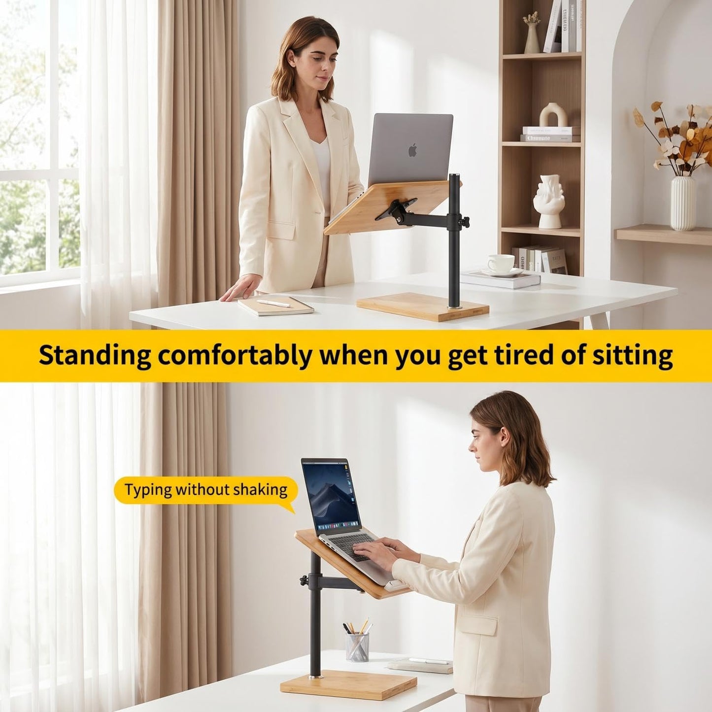 Coslony Adjustable Laptop Stand with Wood Platform and Sturdy Base, Height Adjustable Desk Mount for Laptops (Large)