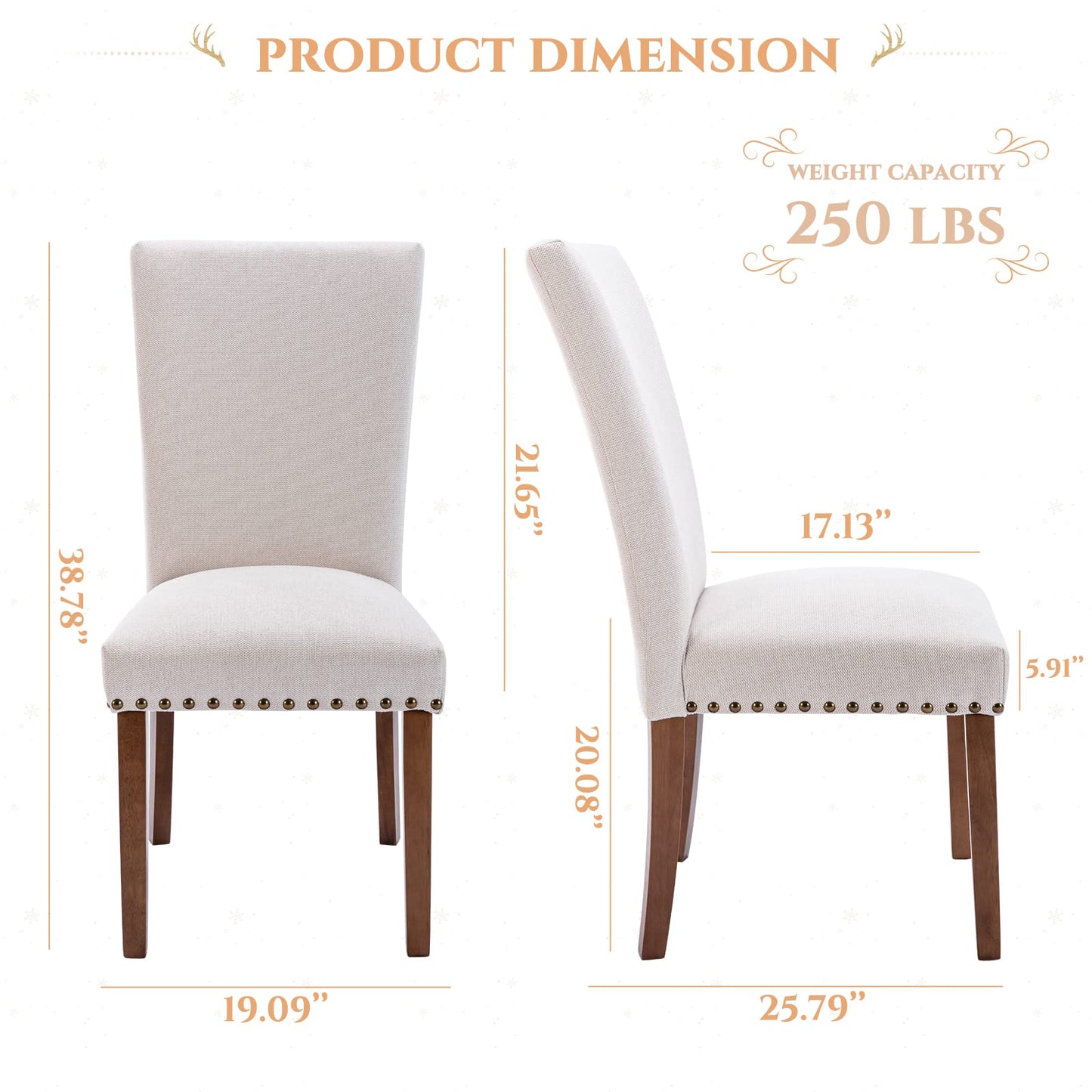 Upholstered Fabric Dining Chairs Set of 2, Parsons Dining Room Kitchen Side Chair with Nailhead Trim and Wood Legs - Beige