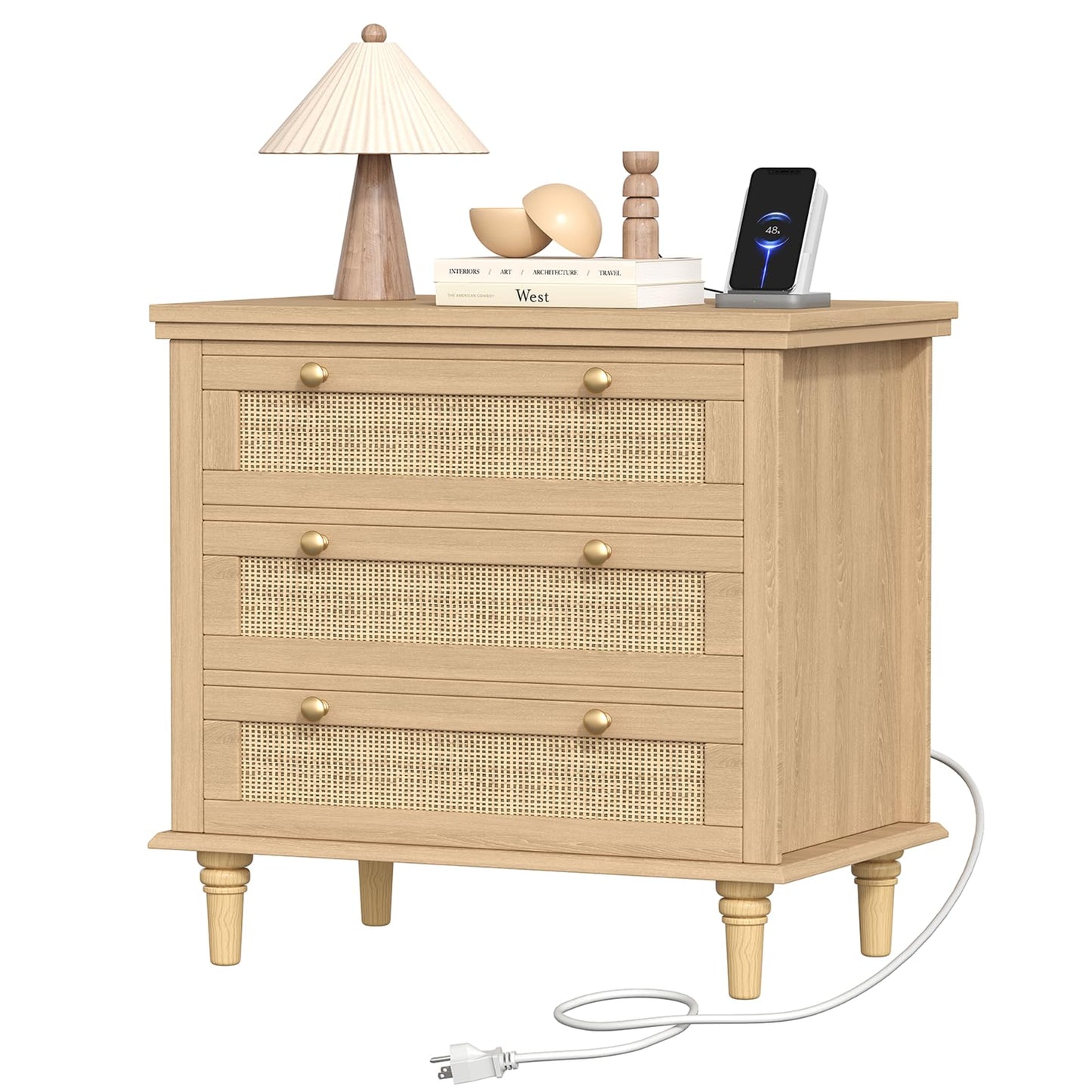 Keehusux 27.6" W Rattan Nightstand with 3 Drawers, Large Night Stand with Charging Station, Boho Bedside Table with Round Handles, Wooden End Table for Bedroom, Natural Oak