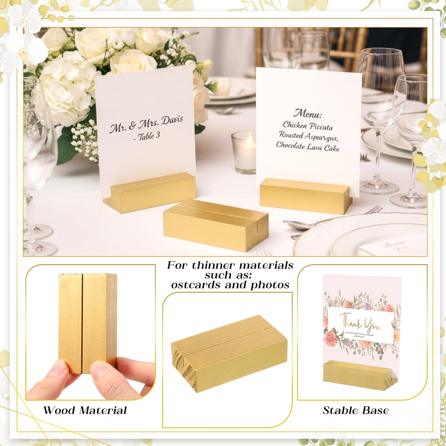 Zonon 12 Pcs Wood Place Card Holders Wooden Table Number Holder Stands Name for Wedding Party Events Exhibition Decoration Office Restaurant Business(Card,Gold,3 x 1.6 x 0.8 Inch)
