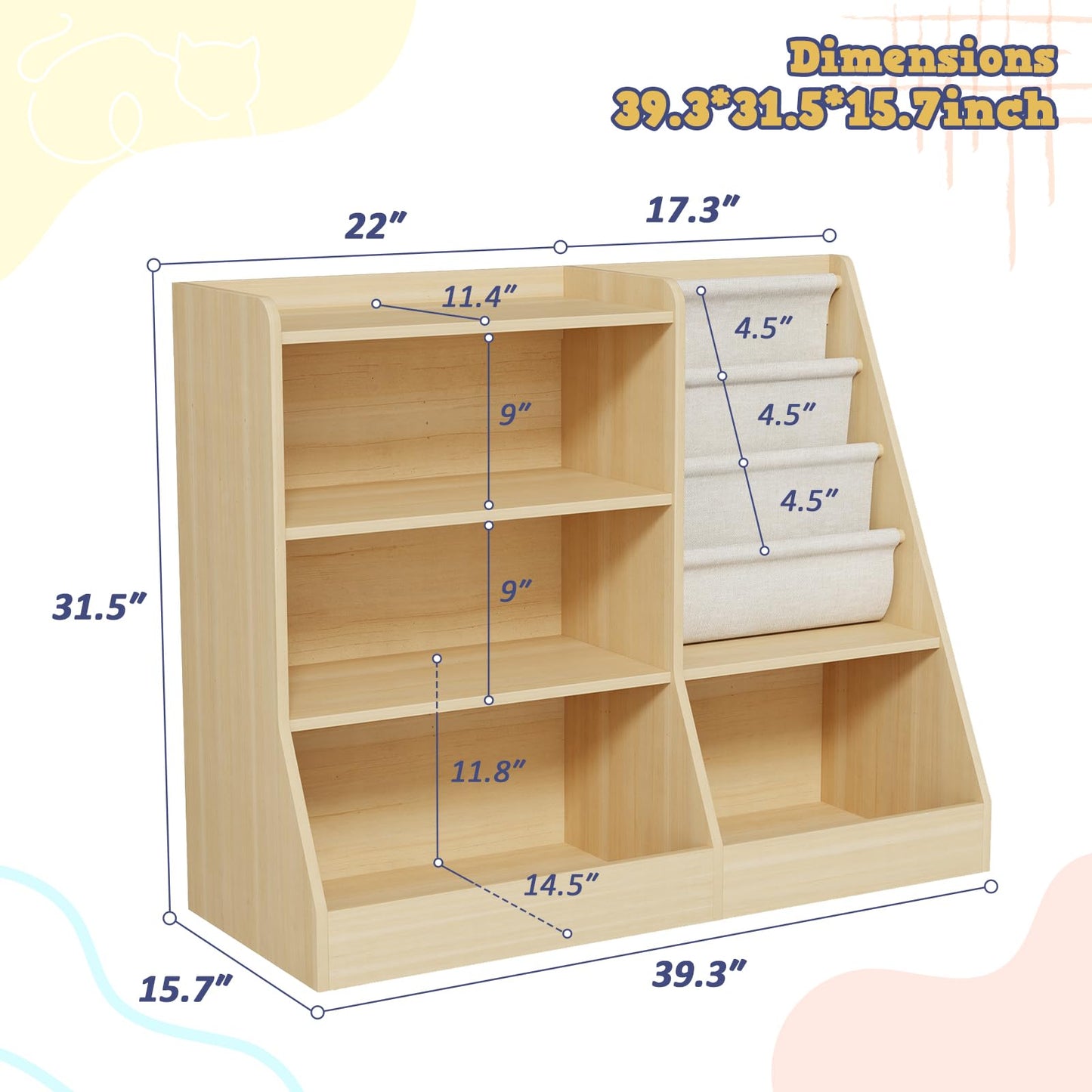 IKALIFE 39" Large Kids Wooden Bookshelf and Toy Storage Organizer, Baby Bookcase with Sling Book Rack, Children Toddler Wooden Book Shelf for kids rooms, Playroom, Classroom, Nursery, School (Natural)