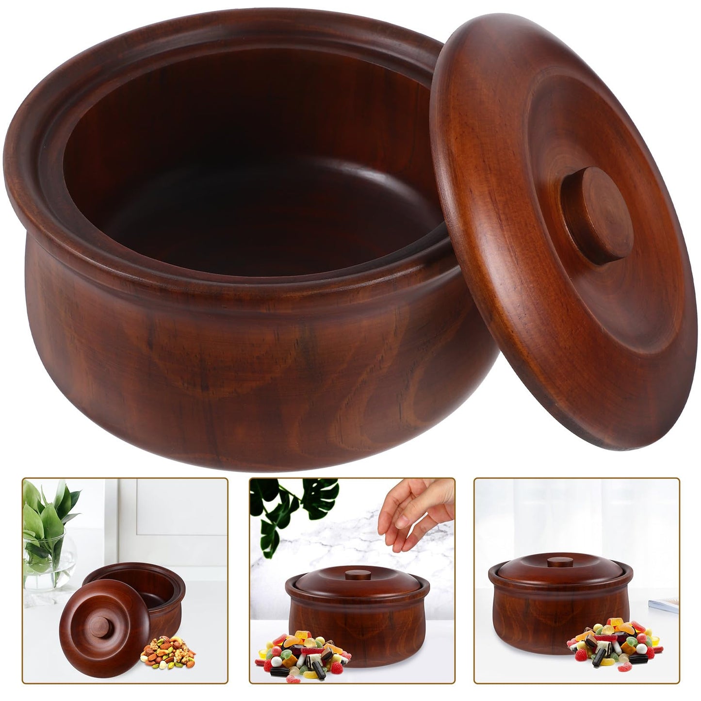 BESPORTBLE Wooden Snacks Bowl with Lid 6.29In Lightweight Fruit Plate Snack Box for Kitchen Counter Home Storage Easy to Clean