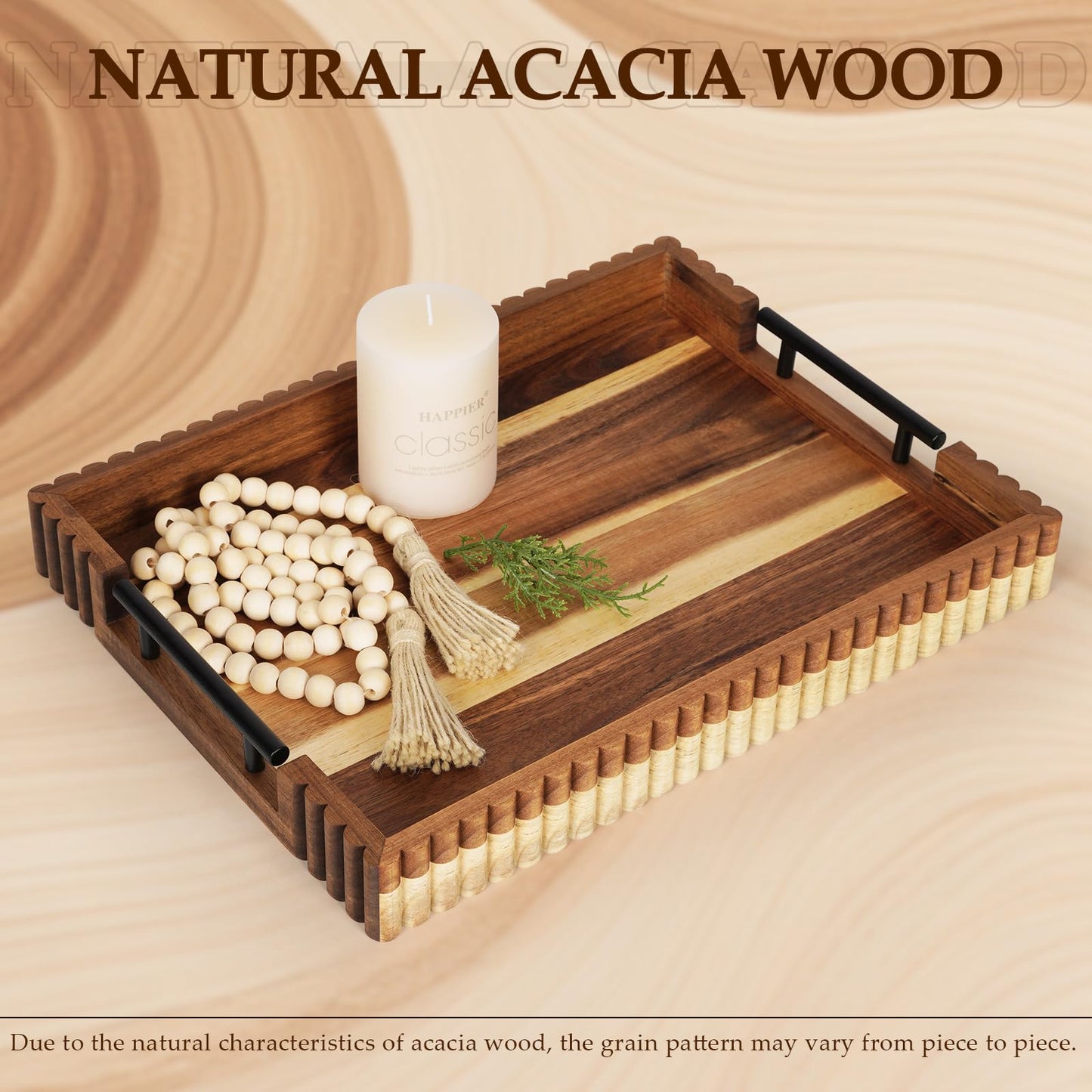Cathyeen Acacia Wood Decorative Serving Tray with Handles, 16.7" x 12.8" Large Wooden Ottoman Tray for Living Room, Coffee Table Tray Decor for Food, Dinner, Tea or Breakfast in Bed (Natural)