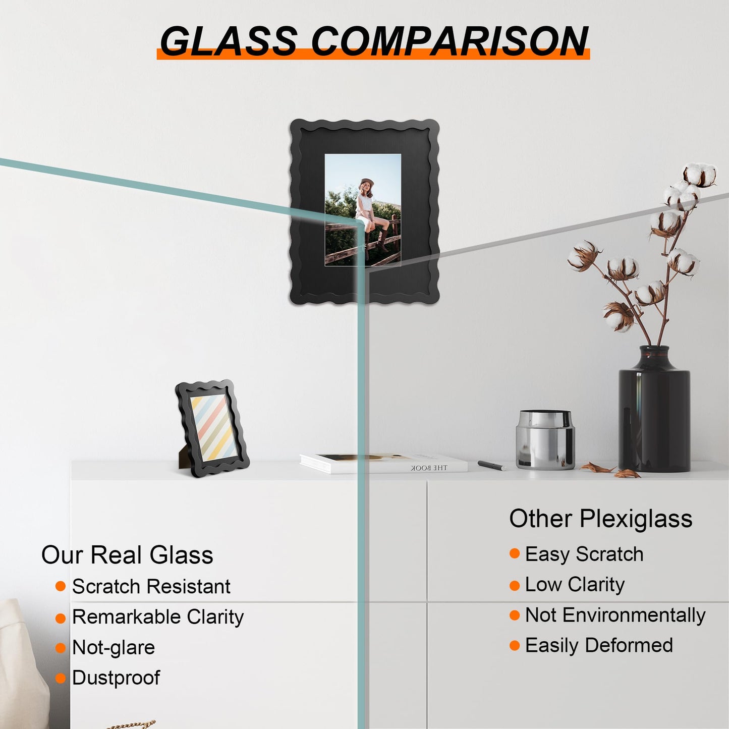 THKRLOF 11x14 Picture Frame with Mat for 8x10, Wavy Edge Wooden Real Glass Photo Frame for Wall Hanging, Black, 1 Pack