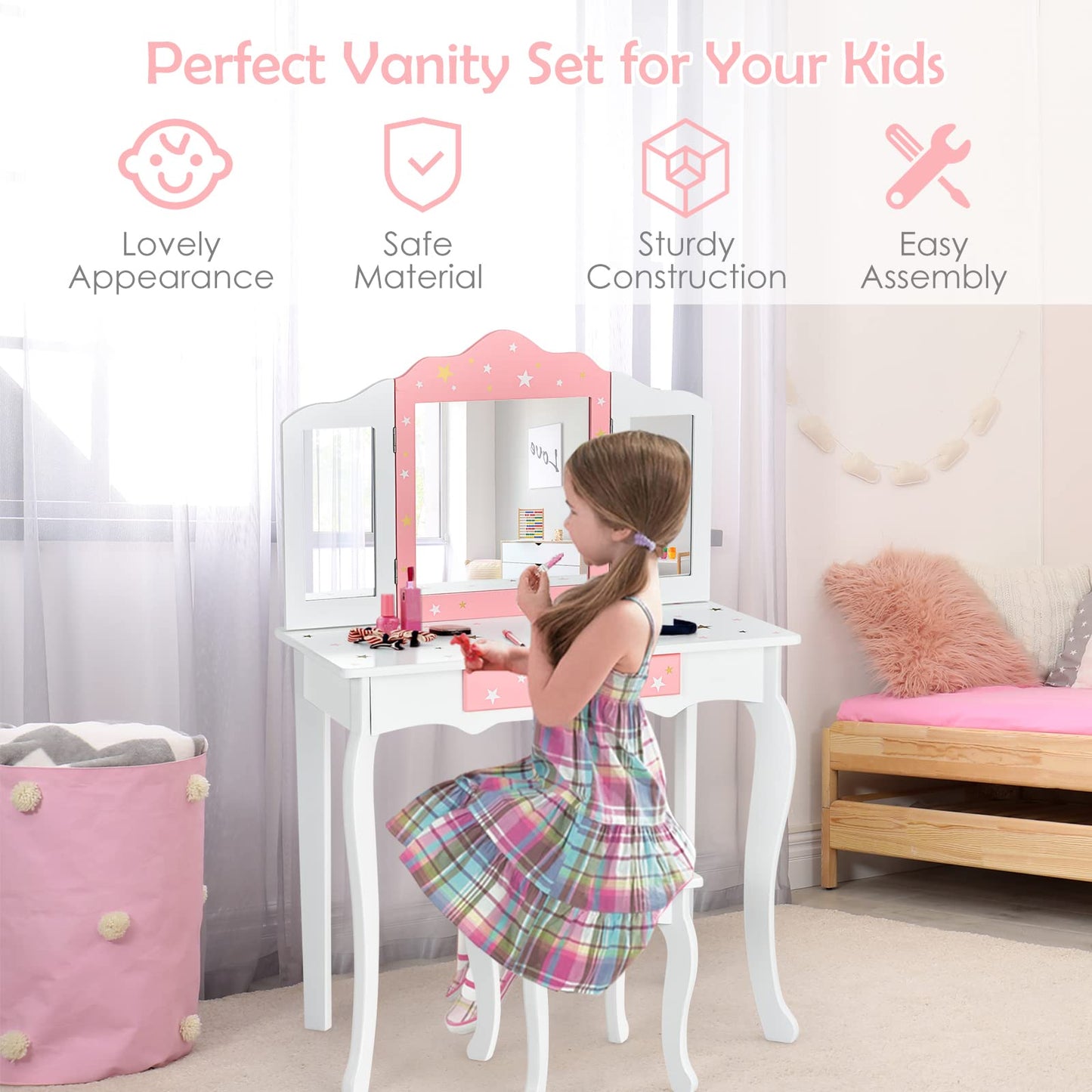 HONEY JOY Kids Vanity, Wooden Princess Makeup Dressing Table with Stool & Drawer, Tri-Folding Mirror, Detachable Top, Toddler Pretend Play Vanity Set for Little Girls (White)