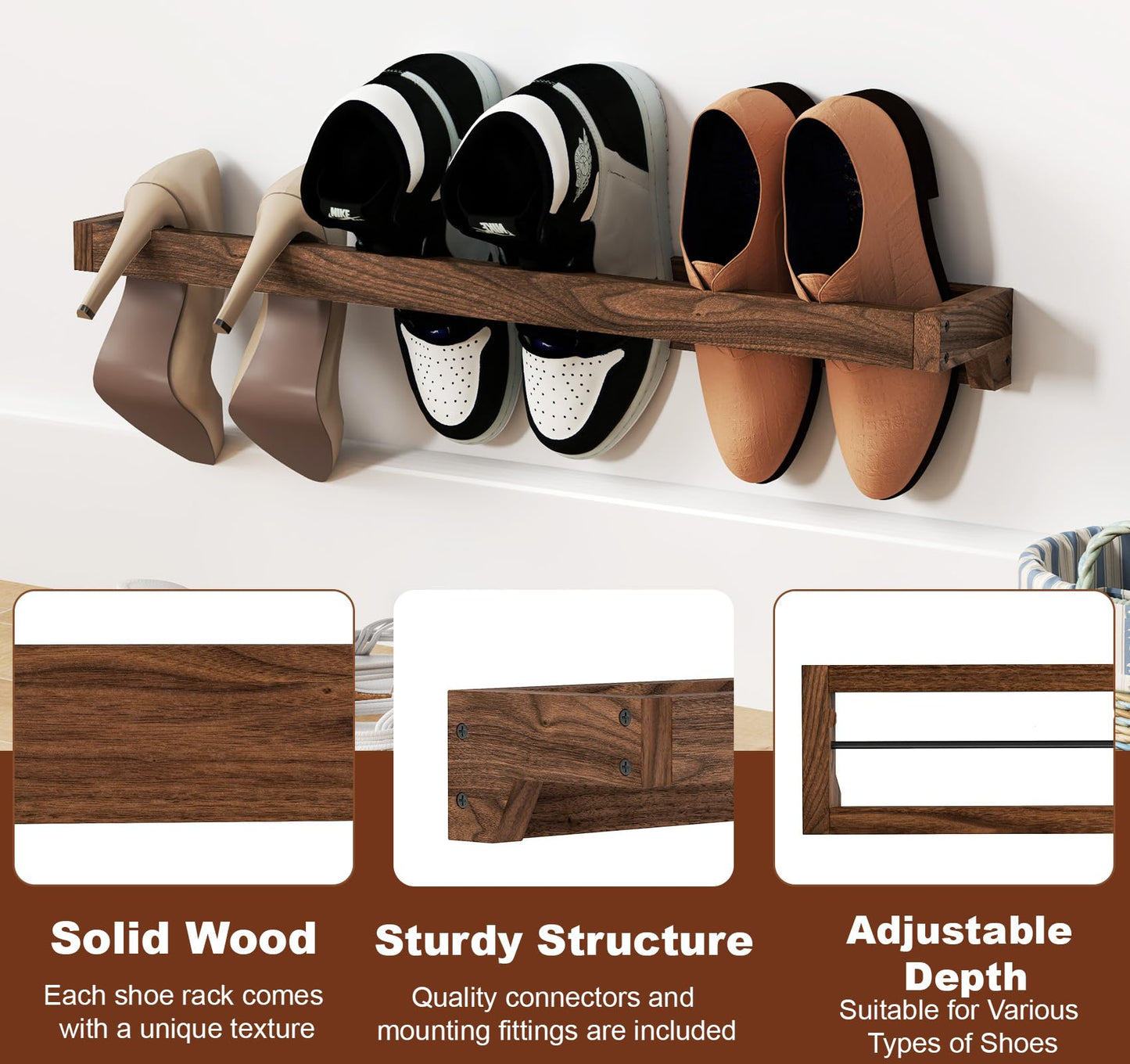 lesolar Wall Mounted Shoe Rack 30in, Hanging Shoe Organizer Rack 4 Pack, Solid Wood Shoe Storage Rack Rustic Burnt, Wooden Shoe Shelf Rack, Hanging Shoe Organizer Holder for Closet Door RV Entryway