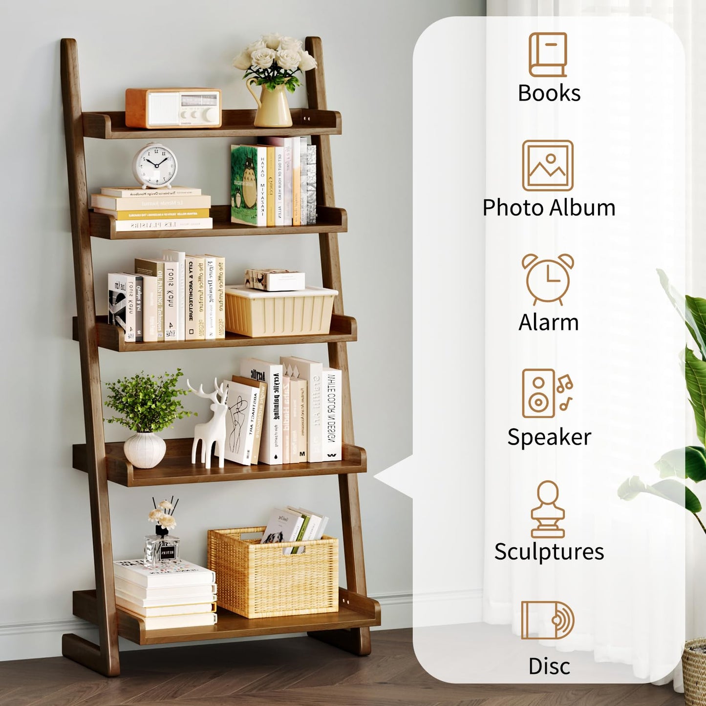 Uniclinens Walnut Wooden Ladder Shelf, 5-Tier Leaning Bookshelf, Ladder Bookshelf for Compact Spaces, Leaning Bookcase for Living Room, Bedroom, Home Office,(23.6''Dx15.7''Wx55.1''H)