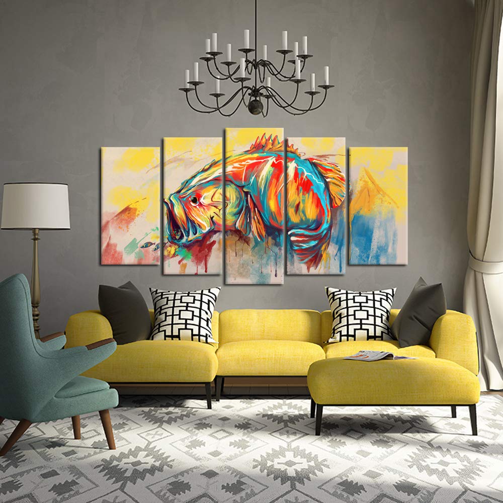 KREATIVE ARTS 5 Piece Canvas Wall Art for Living Room Large Mouth Bass Fish Paintings Giclee Artwork Modern Home Decor Wooden Framed Poster and Prints Ready to Hang (Large Size 60x32inch)