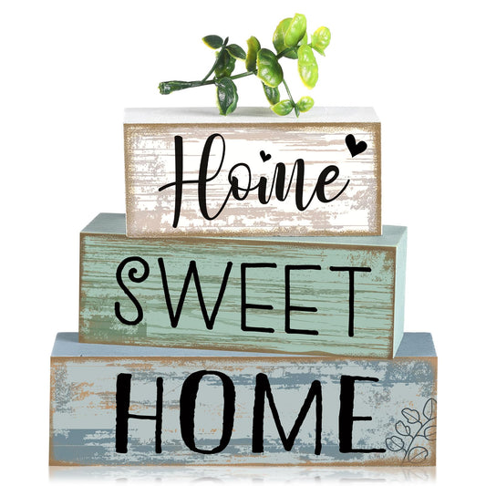 Moucuny 4 Pcs Wooden Farmhouse Table Decor Rustic Home Sweet Home Stacked Blocks Decoration Farmhouse Tiered Tray Decor Decorative Eucalyptus Block Signs Gift for Kitchen Shelf Coffee Table