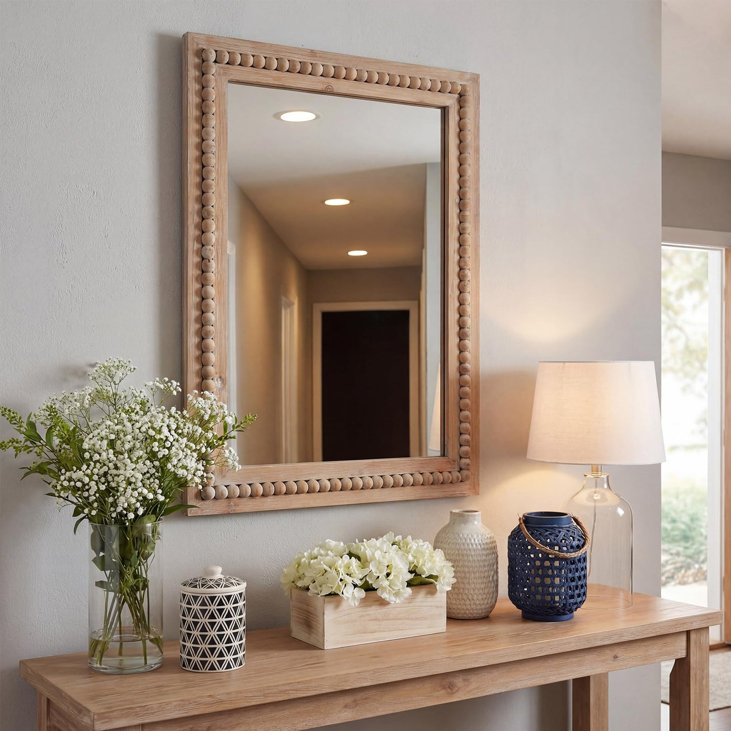 H HOMEWINS Rustic Rectangle Mirror,24x36 Wooden Farmhouse Mirrors,Boho Bathroom Wall-Mounted Nature Beads Decor Mirror for Bedroom, Living Room,Vanity,Entryway,Over Sink