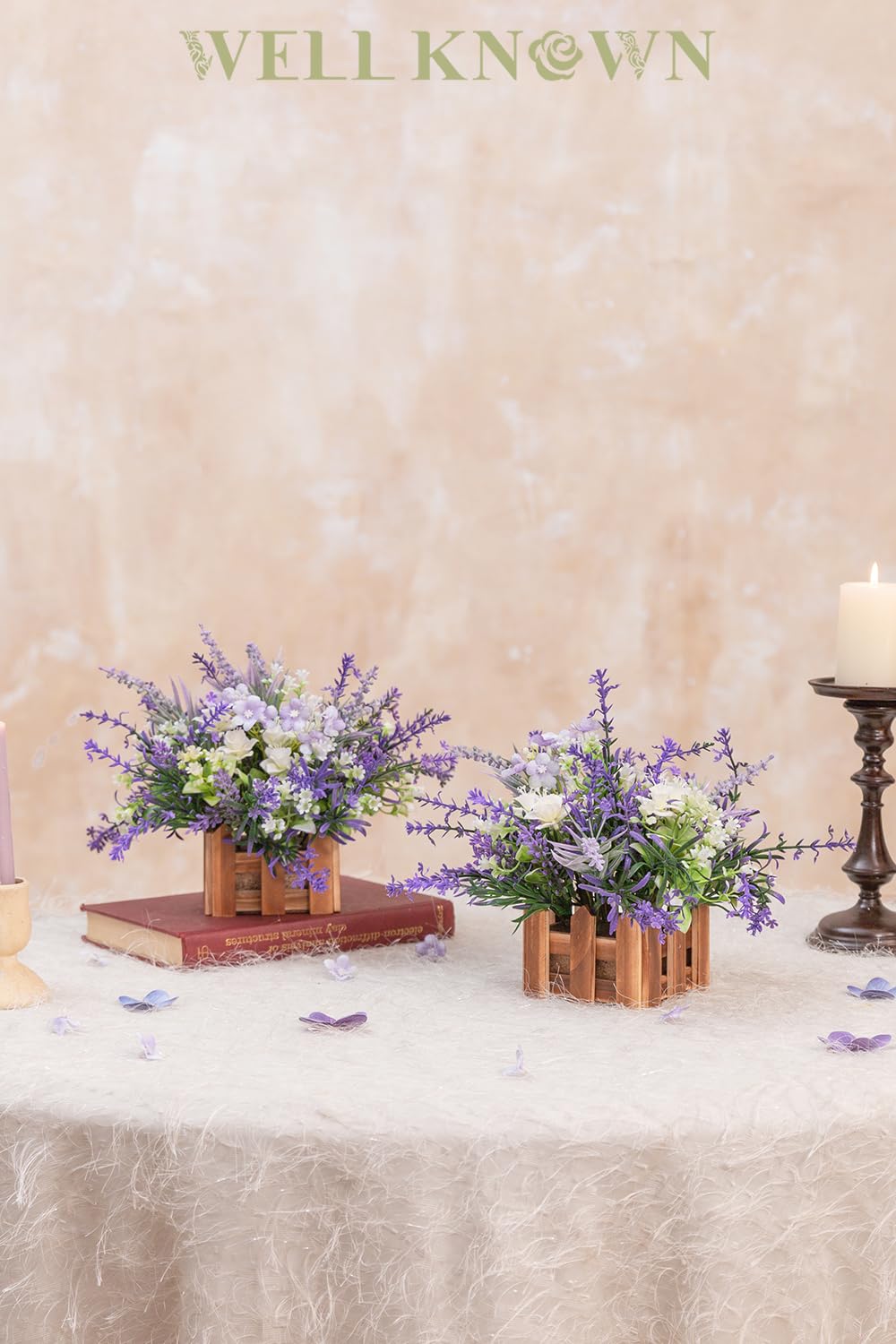 WELL KNOWN Artificial Lavender Plants in Wooden Baskets, Artificial Mini White Flower Arrangement in Planter for Home Hotel Office Table Wedding Centerpieces & Gift(Set of 2)
