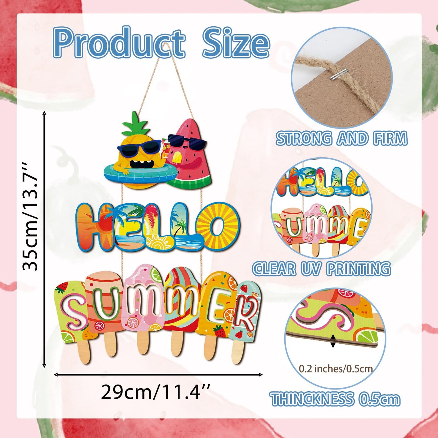 HLNIUC Tropical Beach Vacation Wood Decor,Summer Fruit Ice Cream Wooden Hanger,Hello Summer Hanging Signs,Rustic Farmhouse Wood Plaque,Coastal Seasonal Wall Wreath For Living Room Bedroom