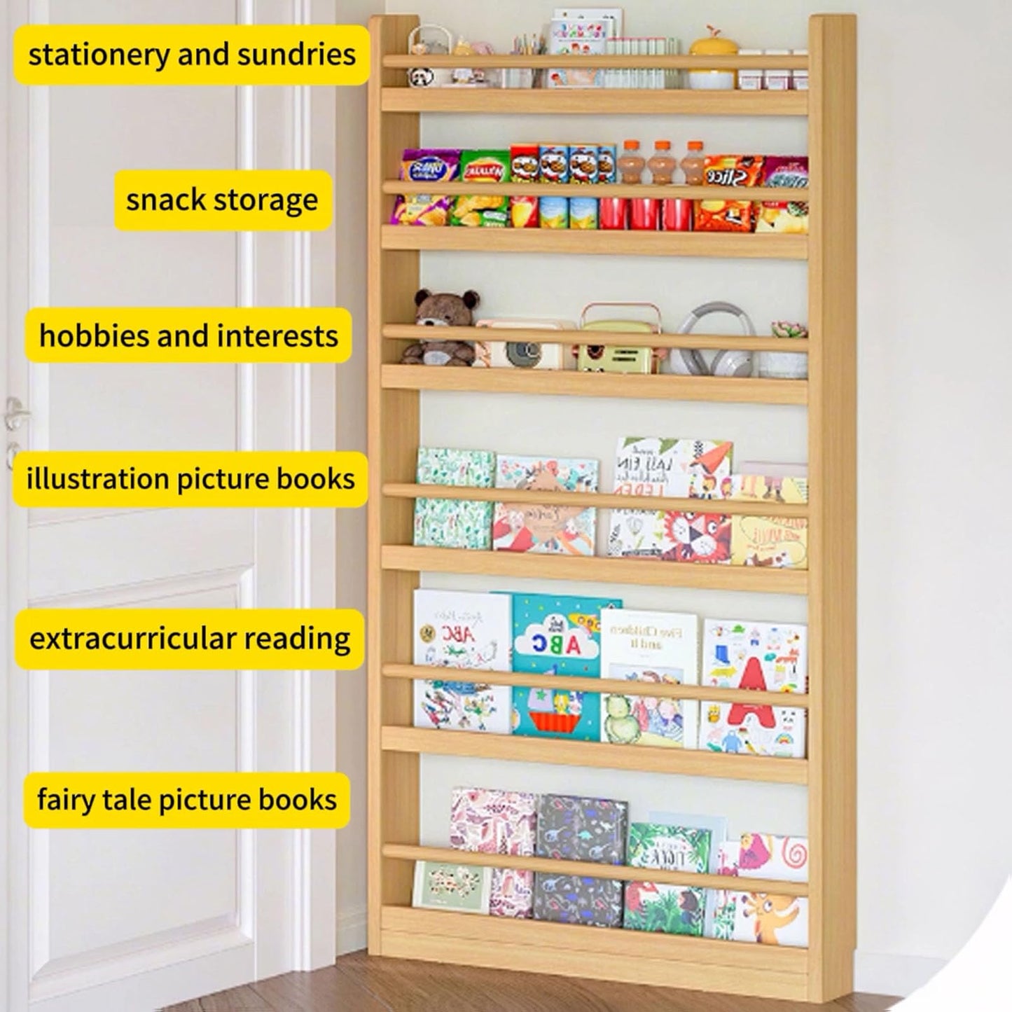 GODNOEI Behind The Door Bookshelf 6-Tier Wooden Behind The Door Storage Cabinet Wall Mount Shelf Easy to Install for Bedroom Kid Room Living Room Library-23.62" Wide