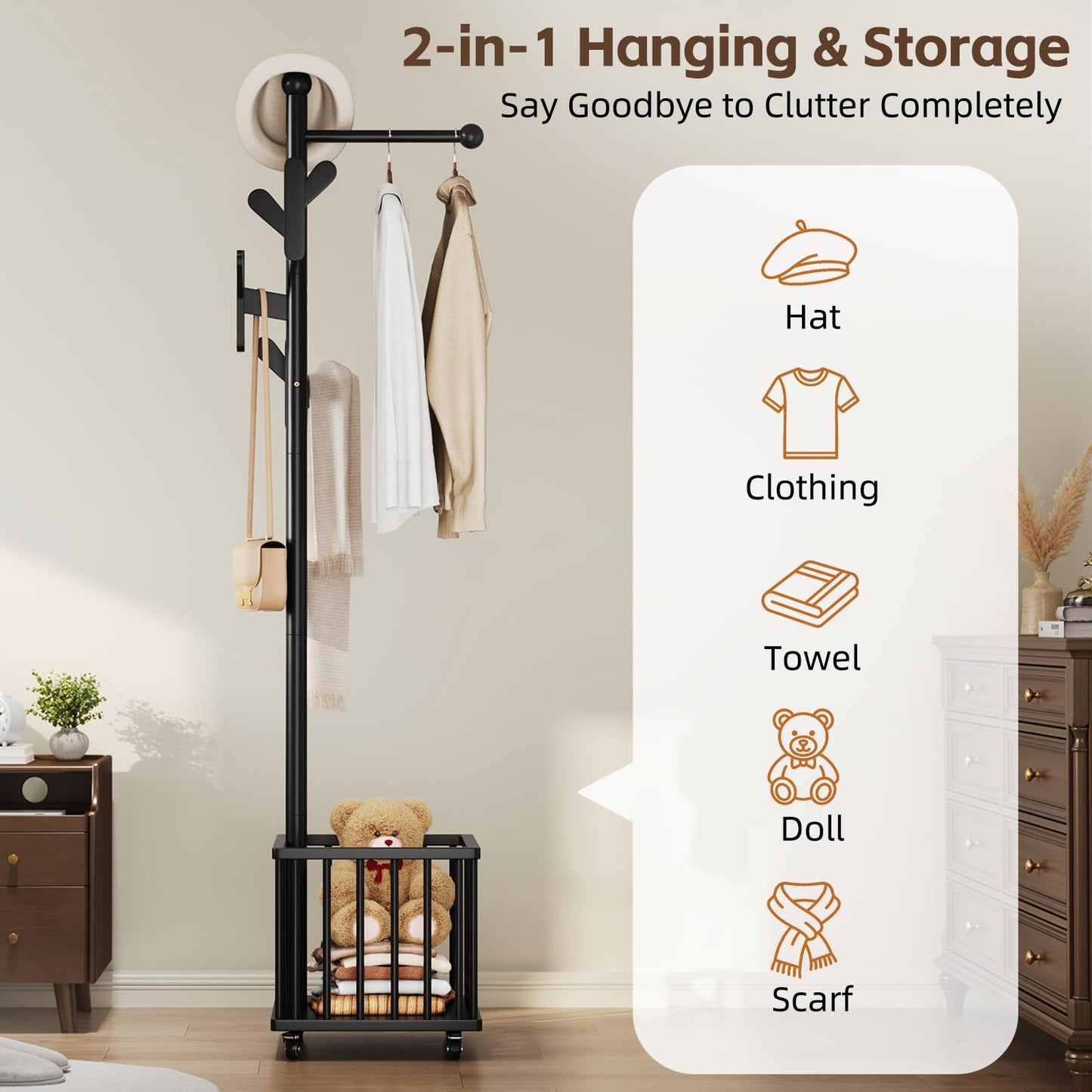 Cactus Freestanding Wooden Coat Rack with Storage Basket,Black Coat Rack with Hooks and Wheels, Space-Saving Entryway Organizer for Hanging Clothes, Bags and Storing Towels, Toys, Bedroom, Living Room