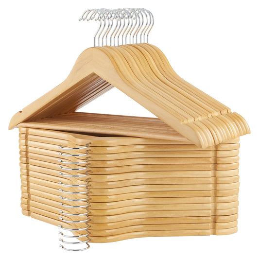 ELONG HOME Wooden Hangers, 30 Pack Slim Wood Coat Hangers with Extra Smooth Finish, Precisely Cut Notches and Chrome Swivel Hook, Wooden Clothes Hangers for Shirt Suit Jacket Dress, Natural