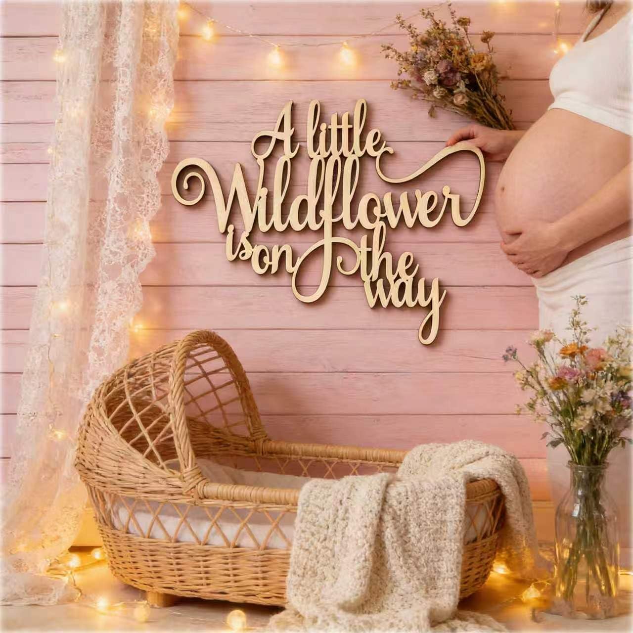 Wooden"A Little Wildflower is on The Way"wall Sign, Baby Shower Welcome Sign,Newborn Shower Yard Sign,Gender Reveal Boy/Gril Welcome Sign,Nursery Wall Decor,Photo Booth Props Door Decorations