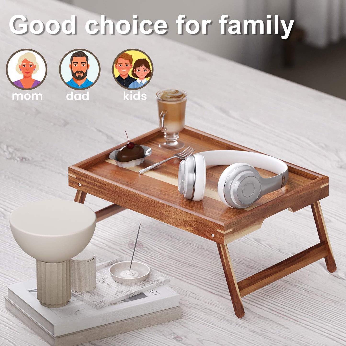 Fibogollo 2 Pack Acacia Wood Bed Tray Table with Folding Legs,Breakfast Trays,Serving Tray for Food and Snack,Laptop Trays for Working(Natural)