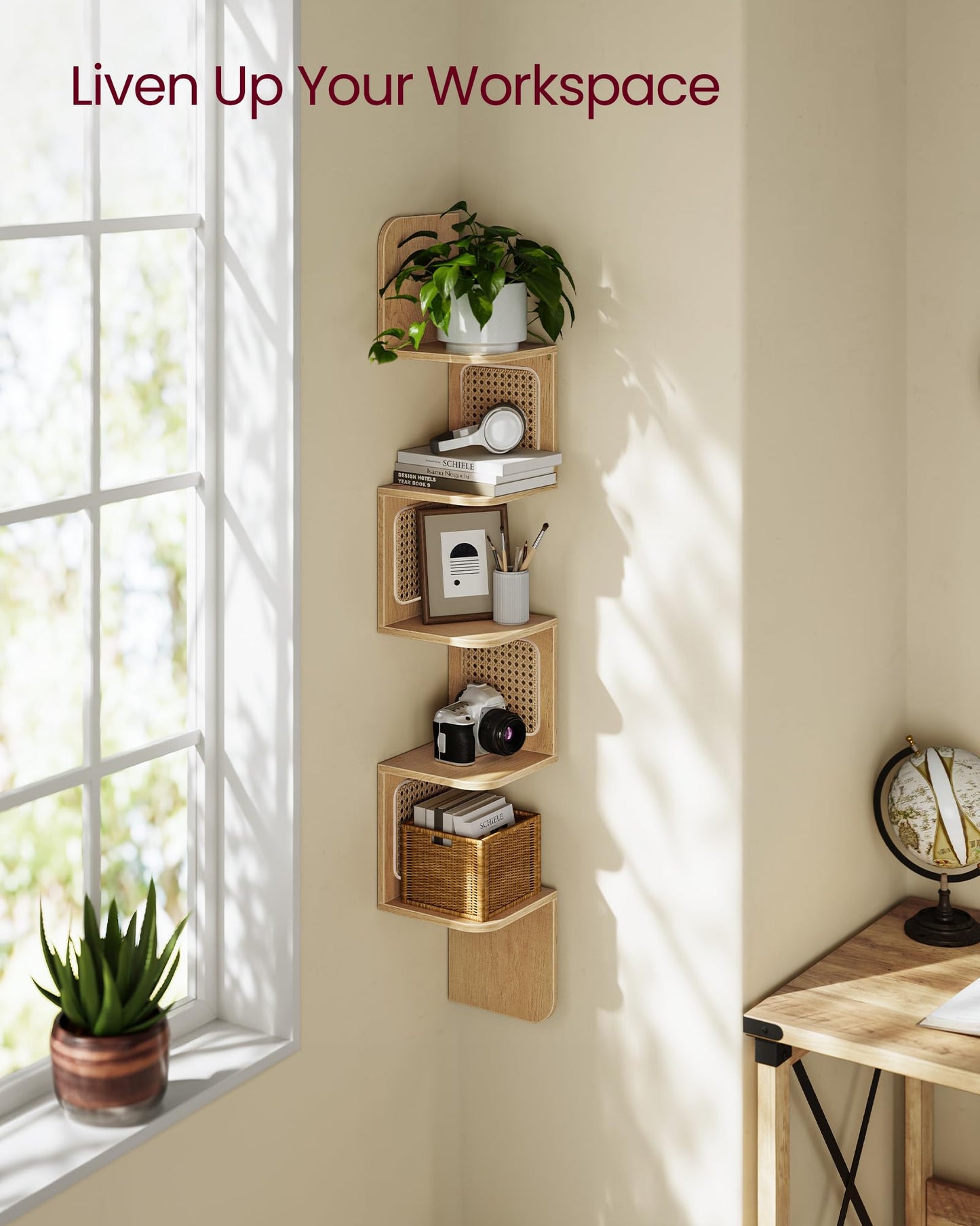 VASAGLE 5-Tier Corner Shelf, Wall Mounted Floating Shelf, Zigzag Corner Shelf Unit, PVC Rattan Sides, Space-Saving, for Kitchen, Living Room, Bedroom, Boho Style, Oak Beige ULLS582YC01S