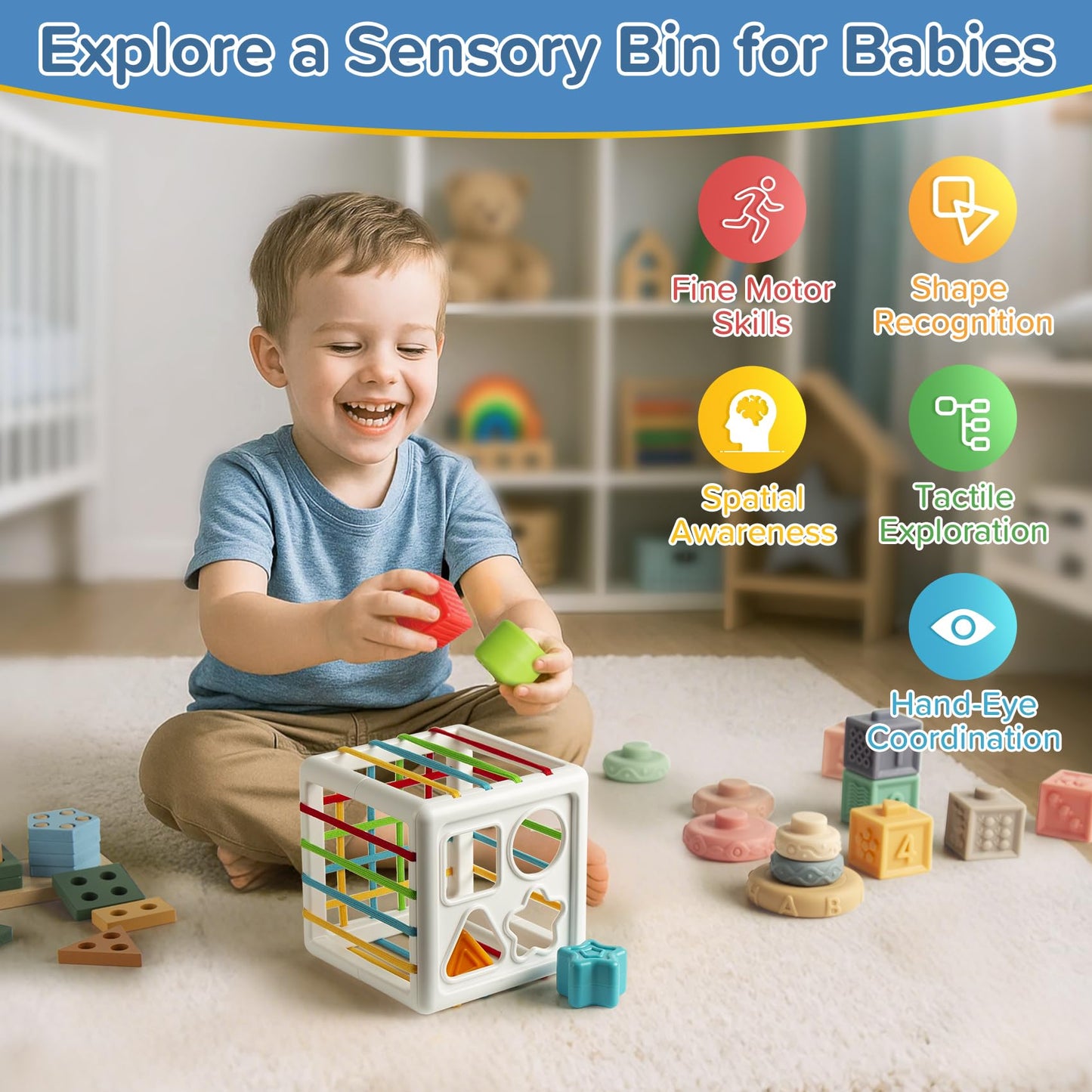 Somastung 7‑in‑1 Montessori Baby Toys for 6‑12 Months & 1+ Years, Infant Sensory Teething & Stacking Blocks | Wooden Shape Sorter, Xylophone Musical Toy, Birthday Gift for Toddlers 1‑3