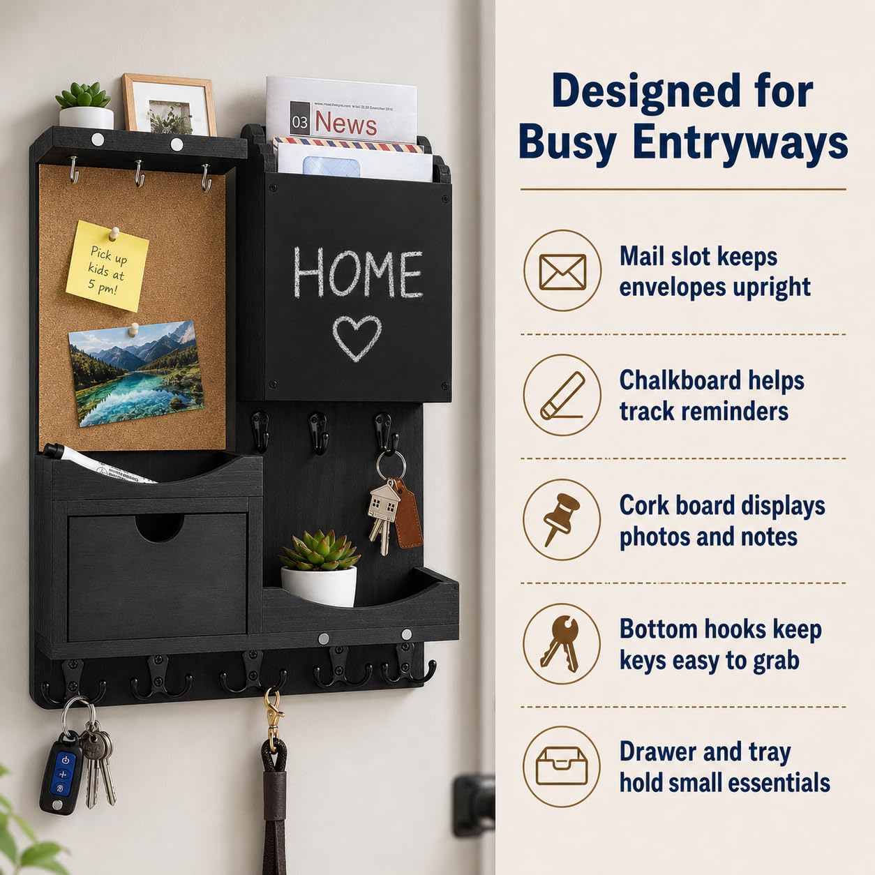 HEKOOLA Key Holder Wall Mount, Mail Organizer Key Holder for Wall with Shelf, Drawer, Chalkboard, Corkboard, Home Decor Mounted for Room Entryway (Black)