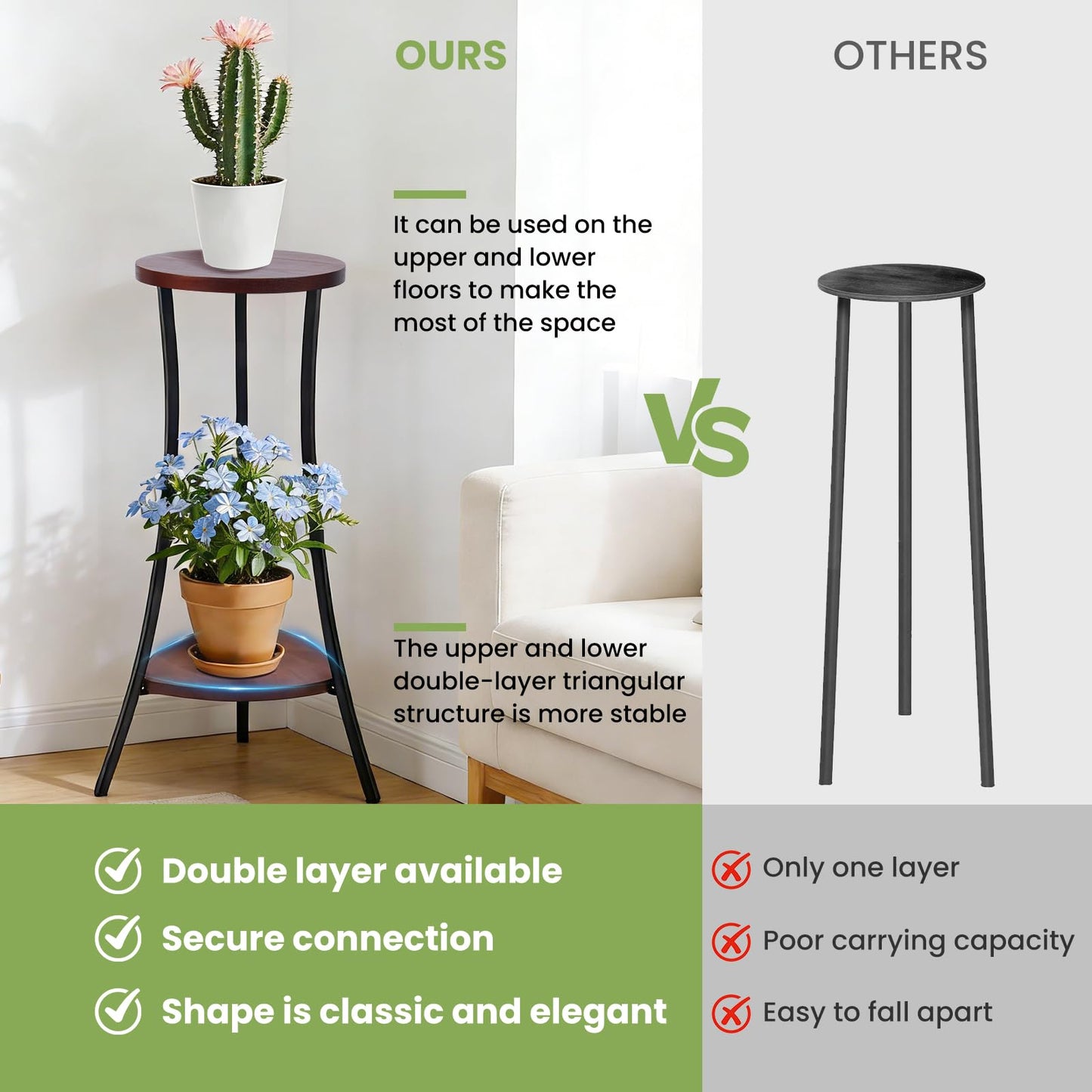 Yedcxup 2-Tier Tall Plant Stand Indoor Outdoor, Round Wooden Corner Plant Shelf with Walnut Panel & Black Metal Frame, Modern Flower Pot Holder Rack for Living Room, Balcony, Patio Decor