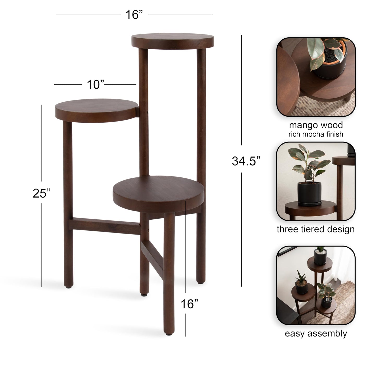 Kate and Laurel Fitley Modern Three-Tier Freestanding Plant Stand, 16 x 16 x 35, Dark Brown, Decorative Tiered Mango Wood Plant Stand for Useful House Plant Decor