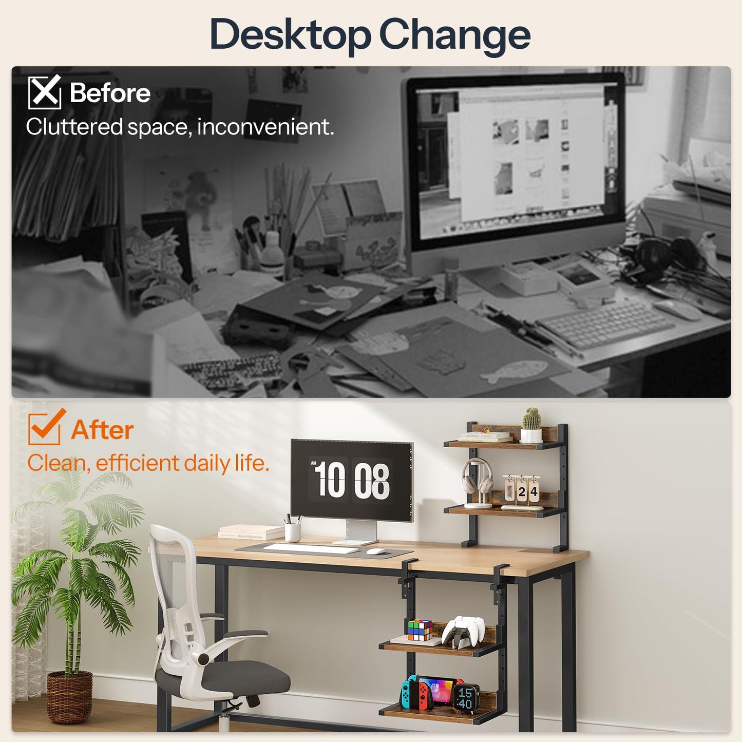 HOOBRO Clamp On Desk Shelf, 2-Tier Desktop Organizer, Space-Saving Desk Shelf with Adjustable Shelves, for Office, Study, Entertainment Accessories, Rustic Brown and Black BF32SJ01